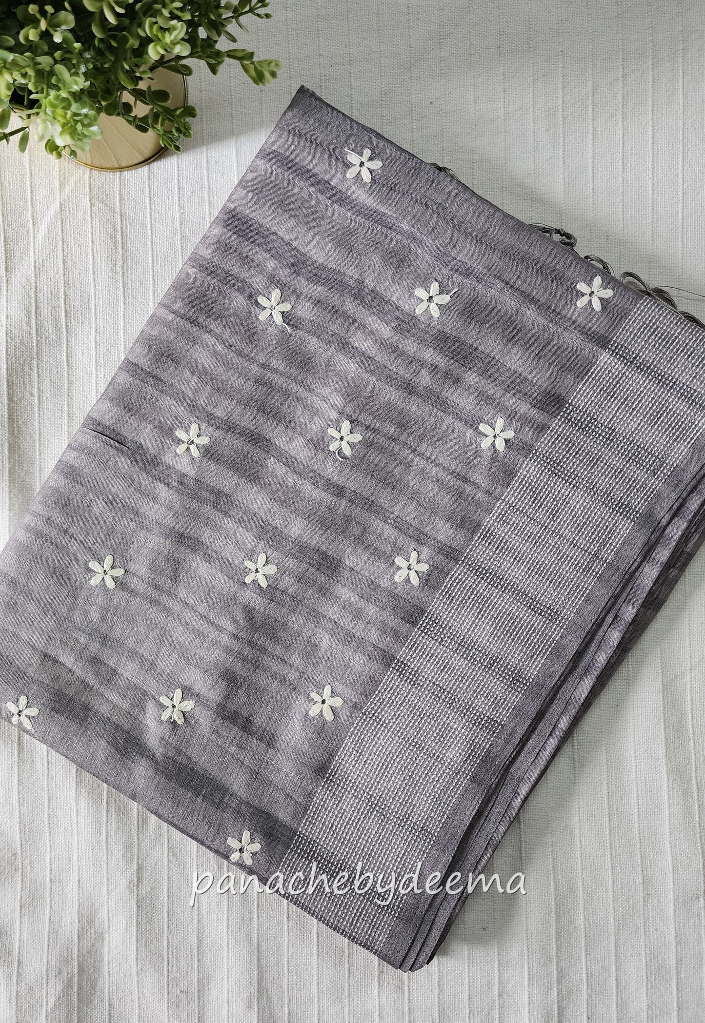 Beautiful semi dupion saree with thread embroidery | Bluish Grey| FL102