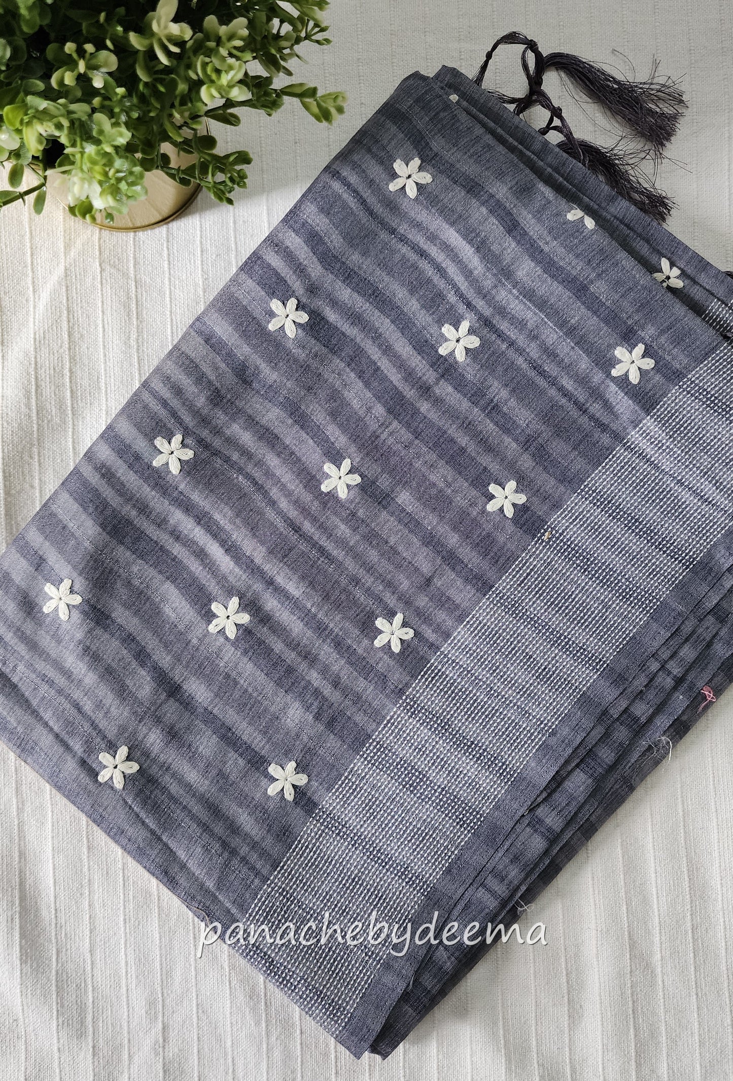 Beautiful semi dupion saree with thread embroidery | Slate blue | FL104