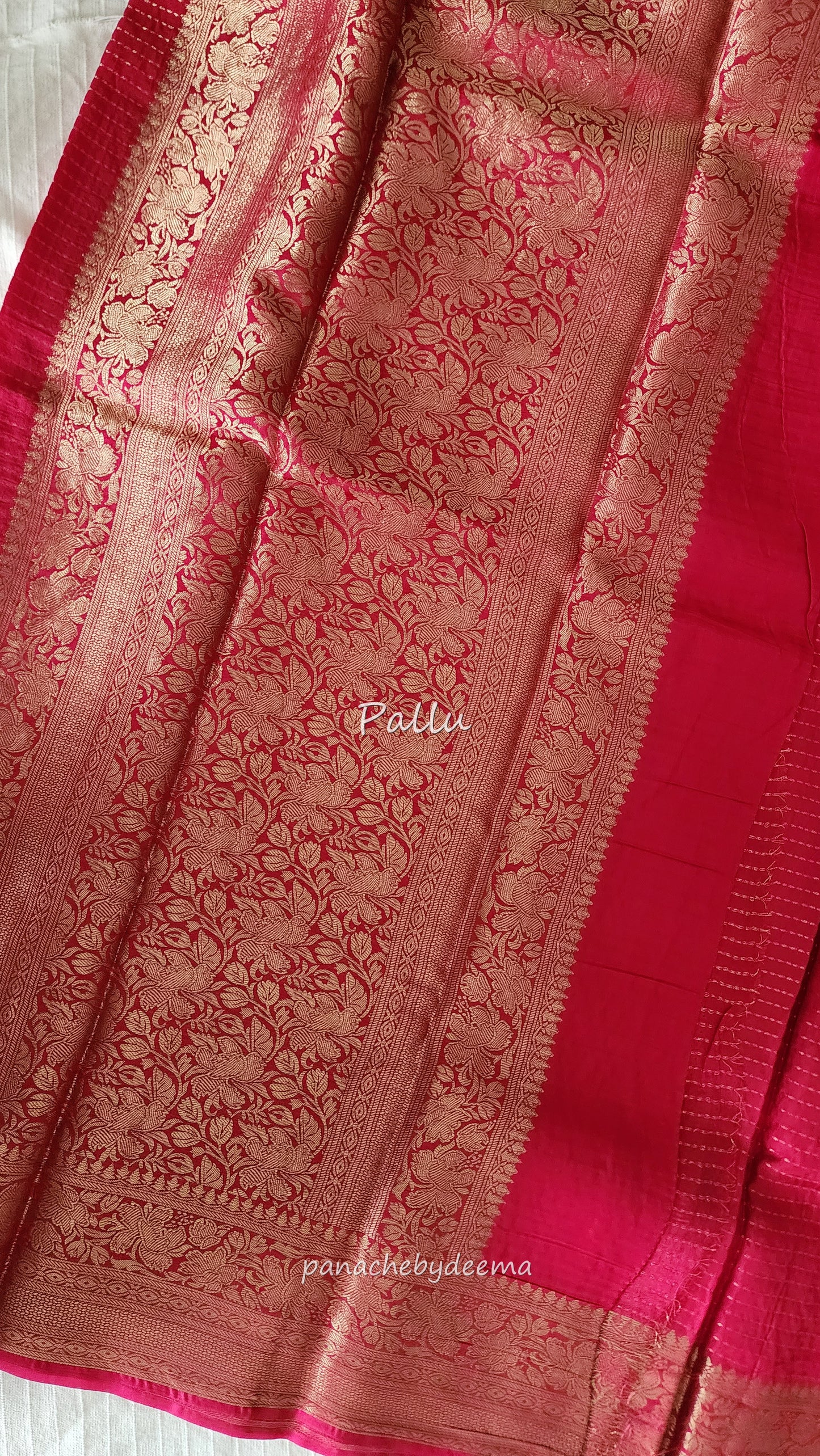 Semi banarasi munga silk saree with kantha pattern zari weaving | Rani pink with dark blue | BS2