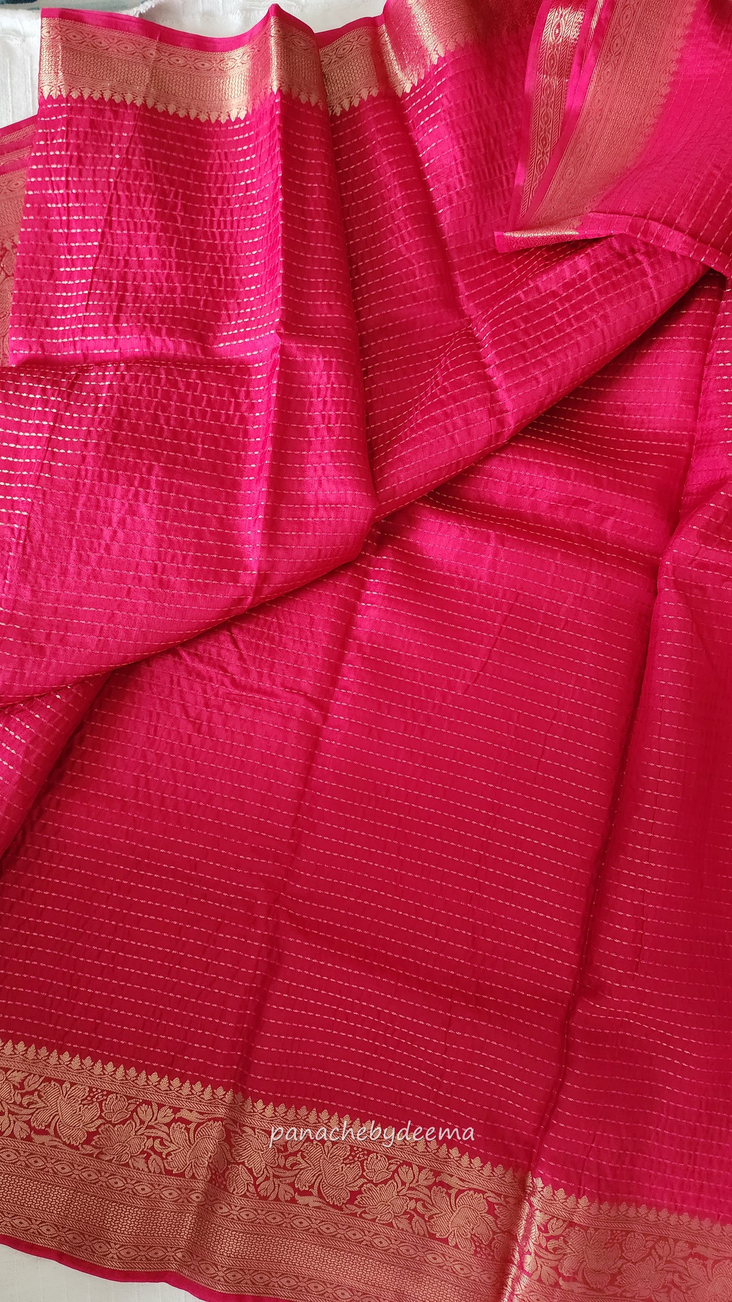 Semi banarasi munga silk saree with kantha pattern zari weaving | Rani pink with dark blue | BS2