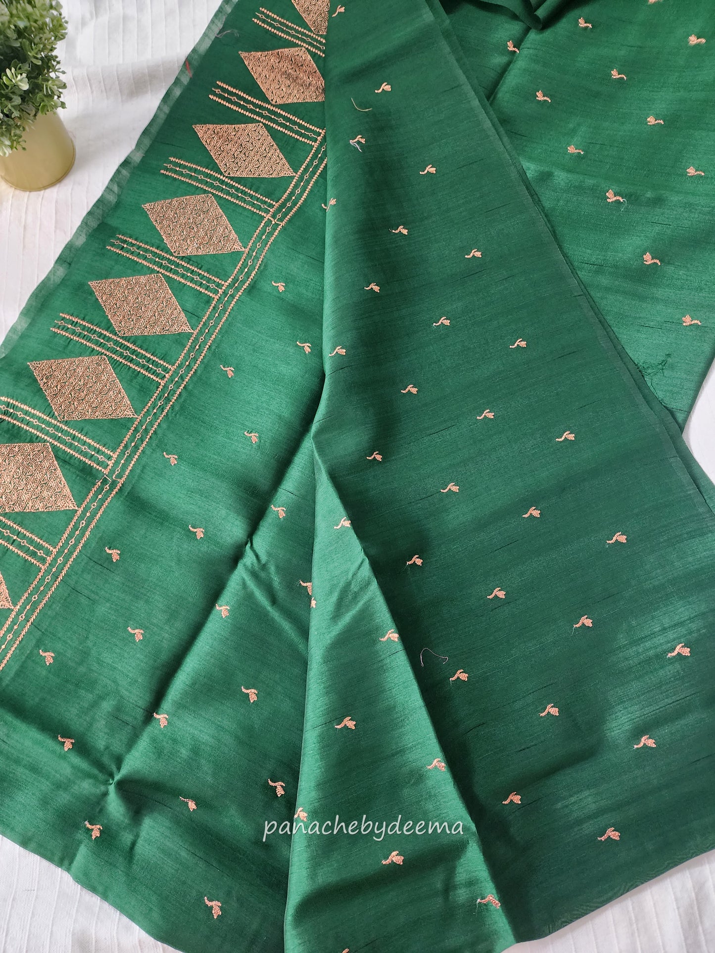 Look festive ready in this premium semi raw silk designer saree with beautiful copper zari embroidery | Dark Green | P17