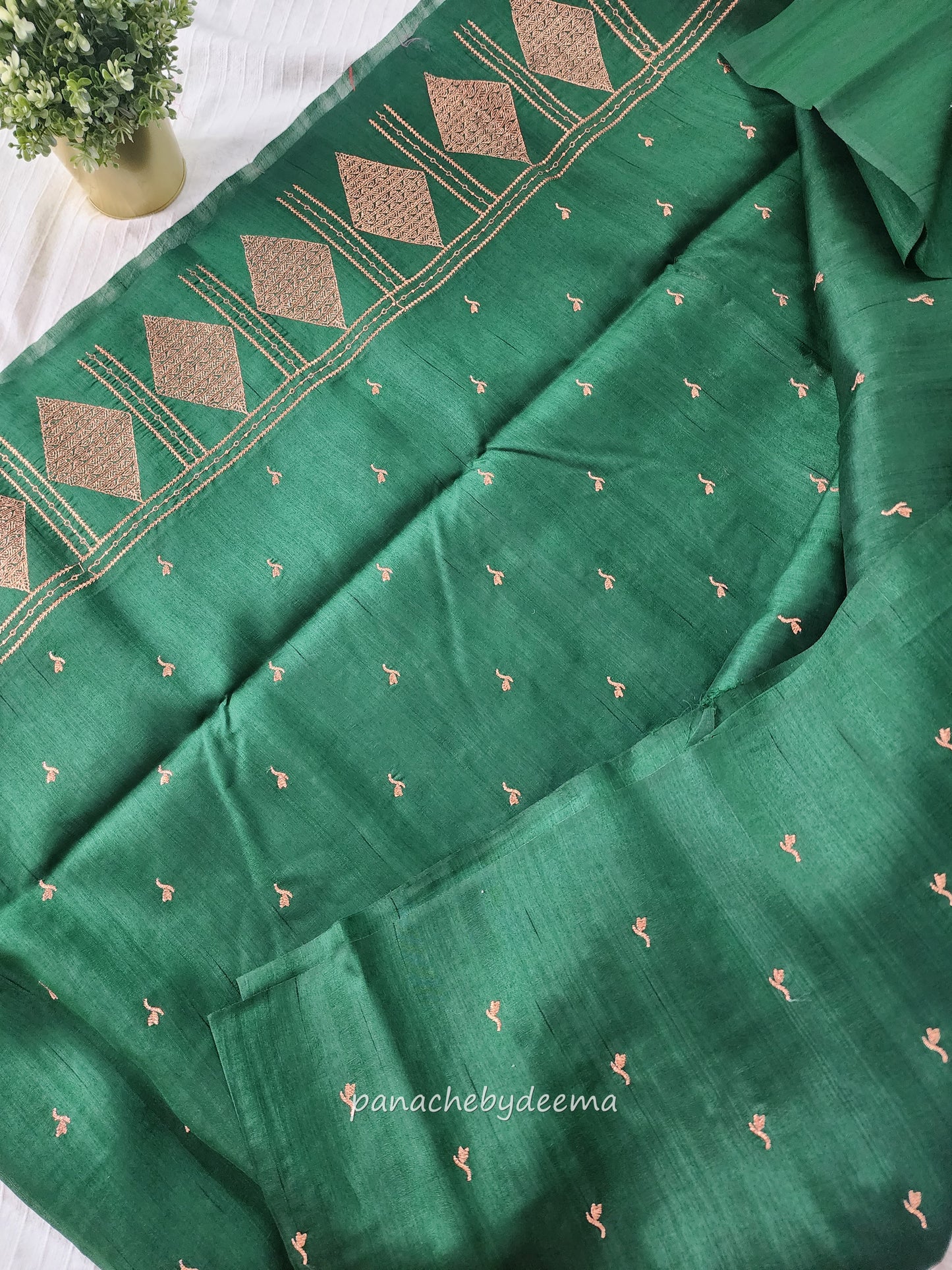 Look festive ready in this premium semi raw silk designer saree with beautiful copper zari embroidery | Dark Green | P17