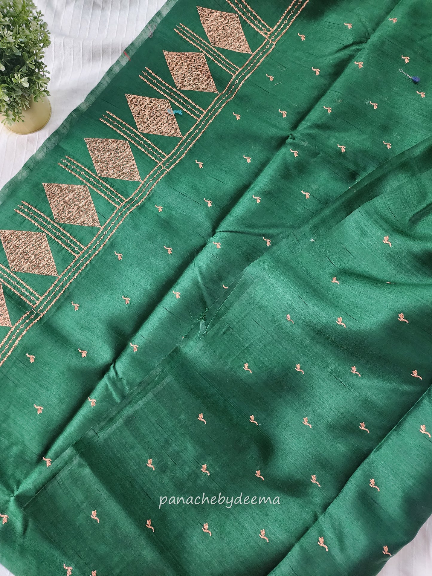 Look festive ready in this premium semi raw silk designer saree with beautiful copper zari embroidery | Dark Green | P17