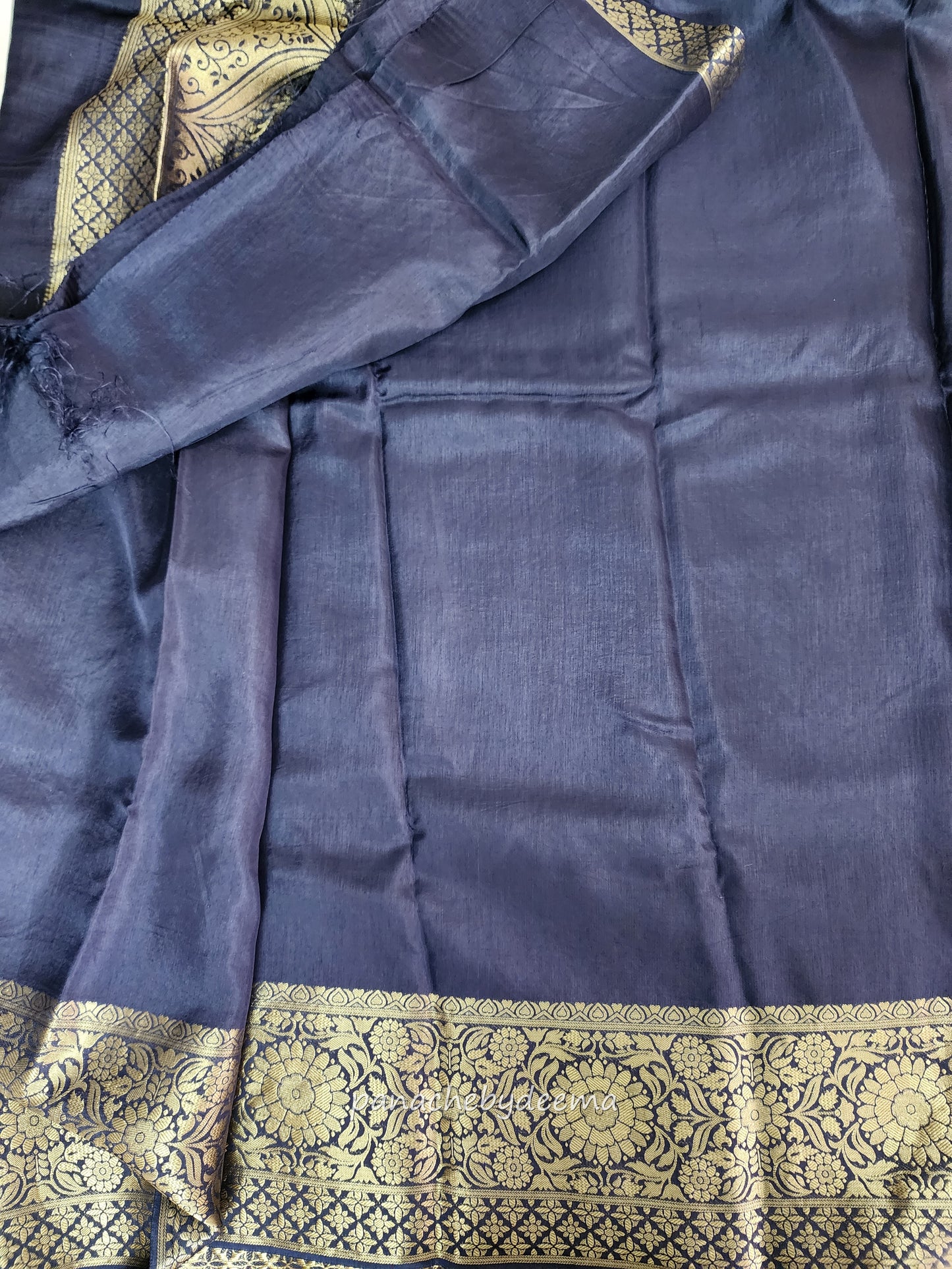 Semi banarasi munga silk designer sareee with plain body and zari weaving borders. Comes with contrast brocade blouse | Navy blue with pink | BS4