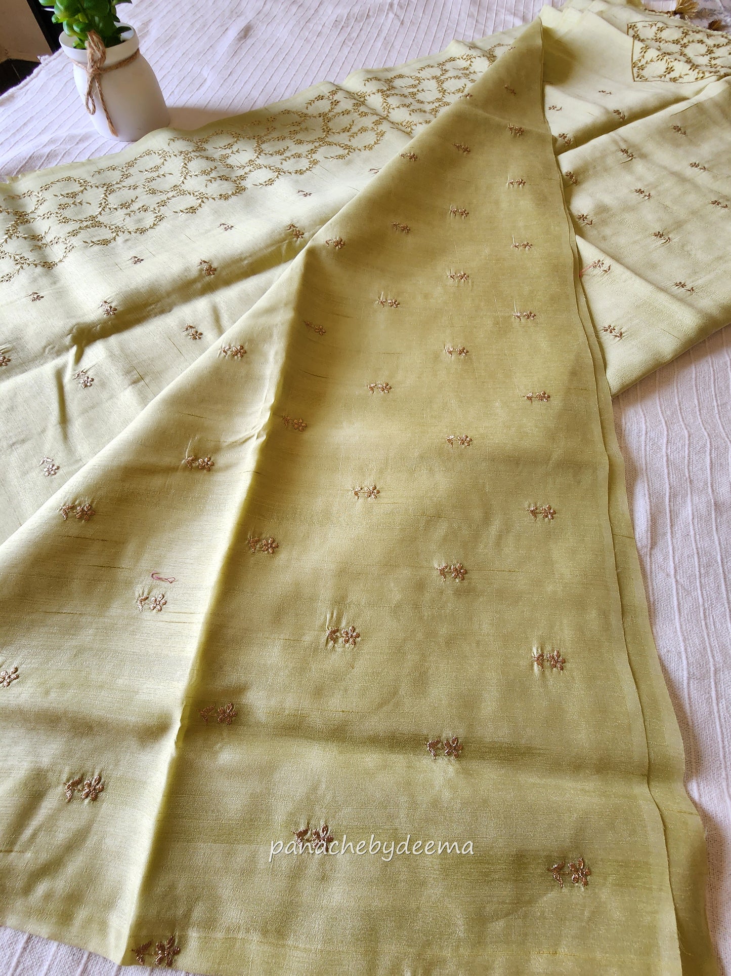 Semi raw silk designer saree with intricate cut work borders and embroidery | Lemon yellow | DY10