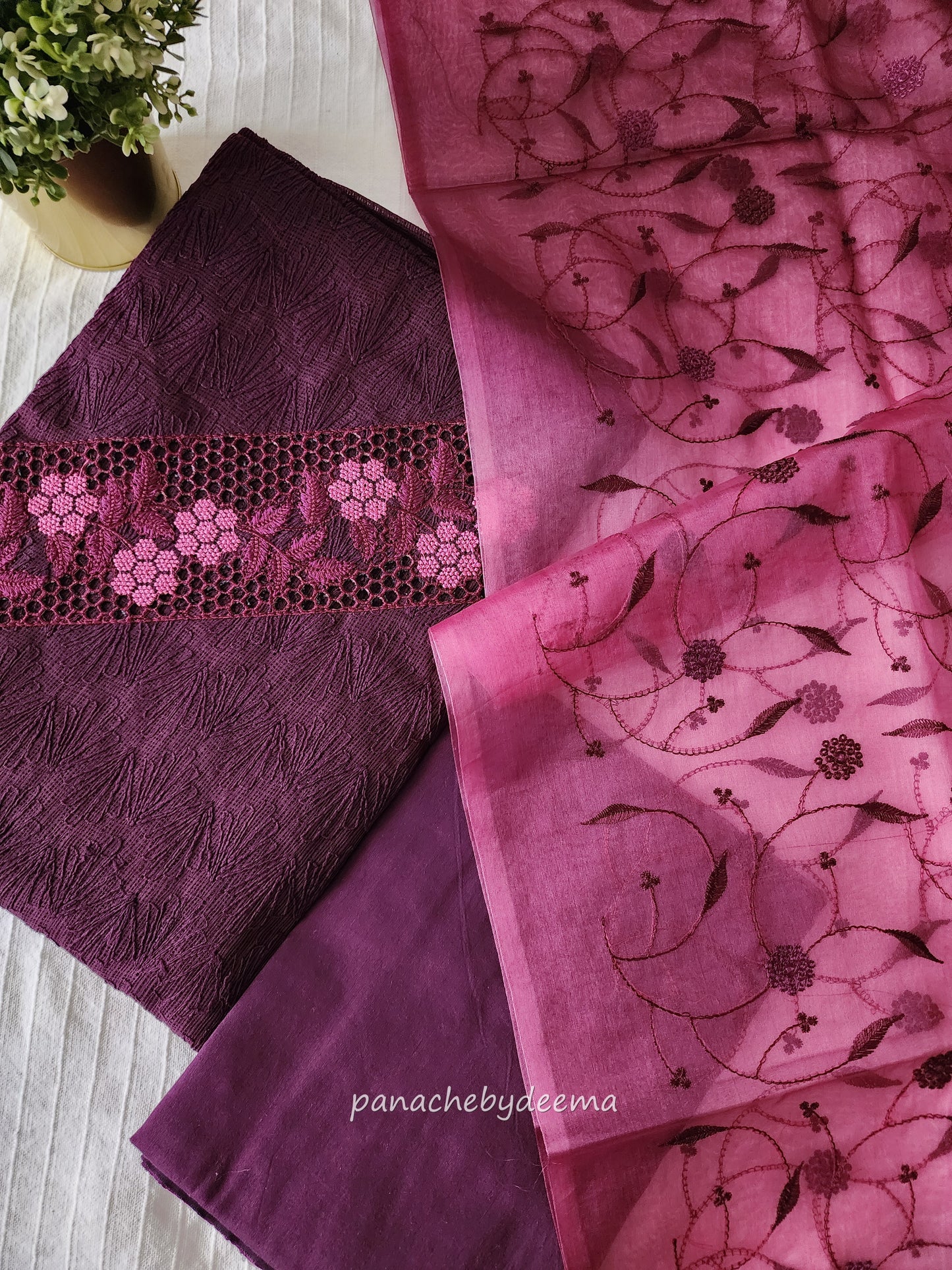 Phulkari Net Kota salwar set with cut work design on yoke and embroidery all over | wine| CTS1