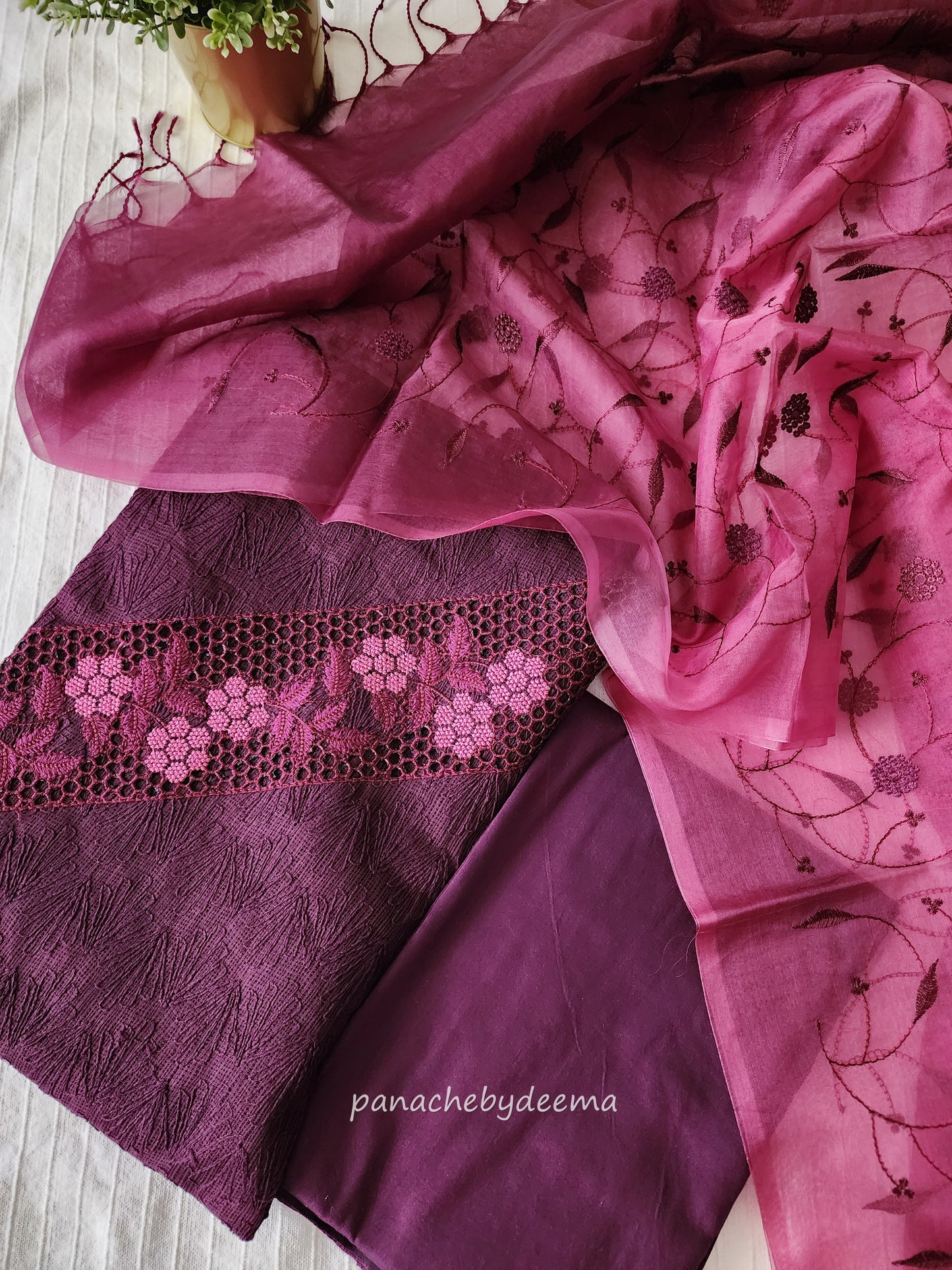 Phulkari Net Kota salwar set with cut work design on yoke and embroidery all over | wine| CTS1