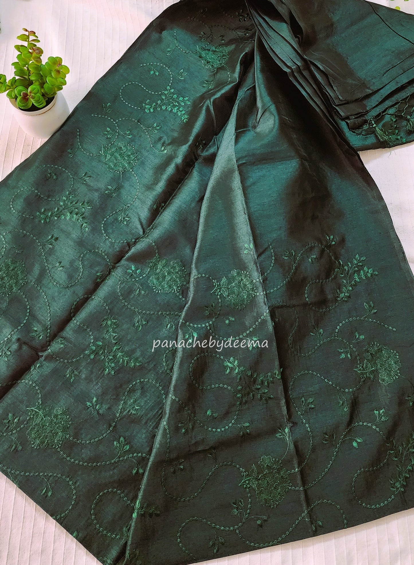 Art silk saree with embroidery | Bottle green | A1