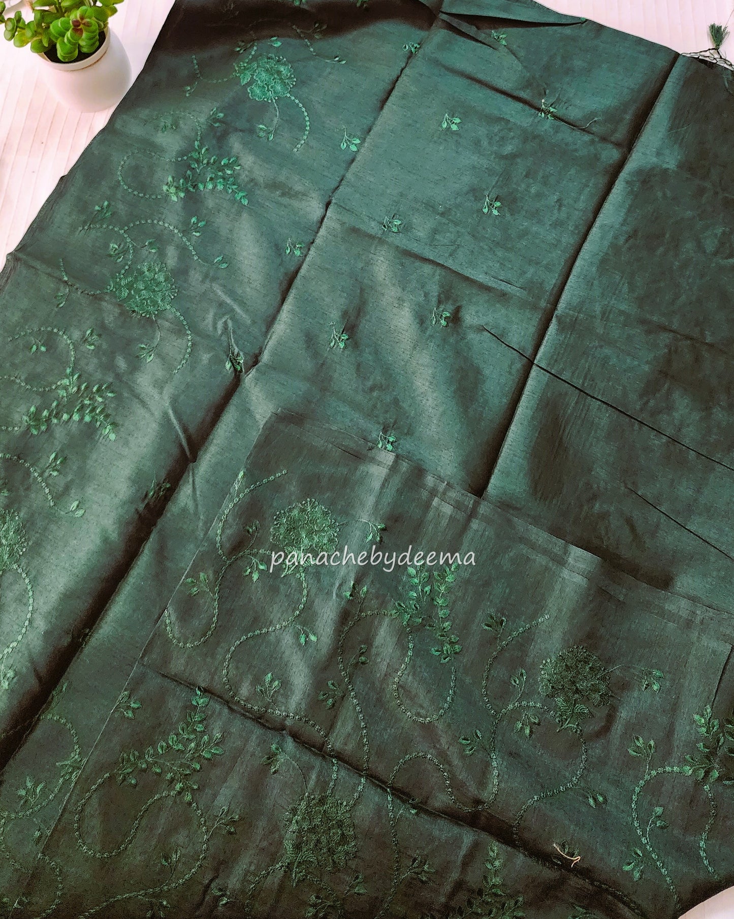 Art silk saree with embroidery | Bottle green | A1