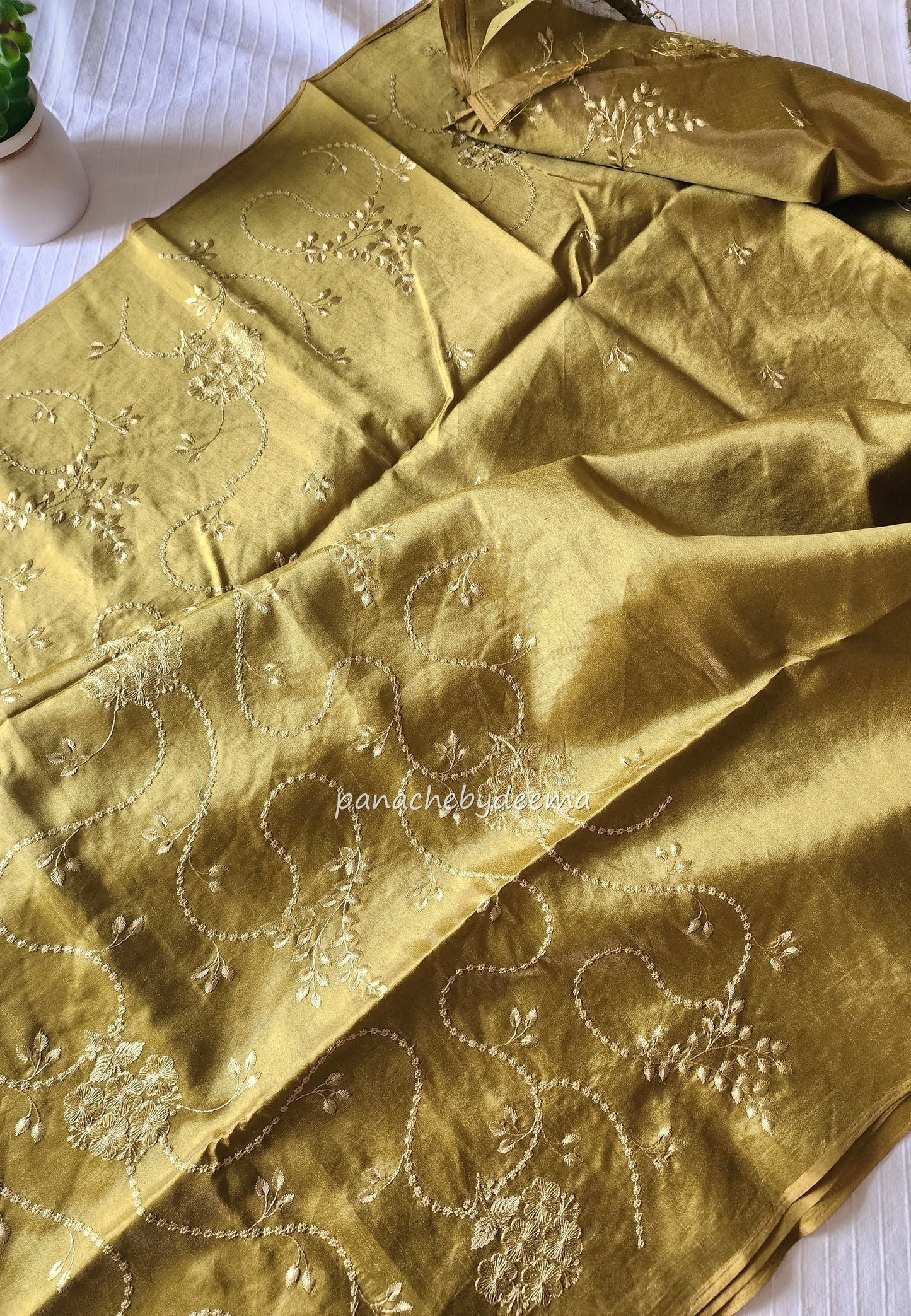Semi matka silk saree with embroidery | Yellowish green | A2