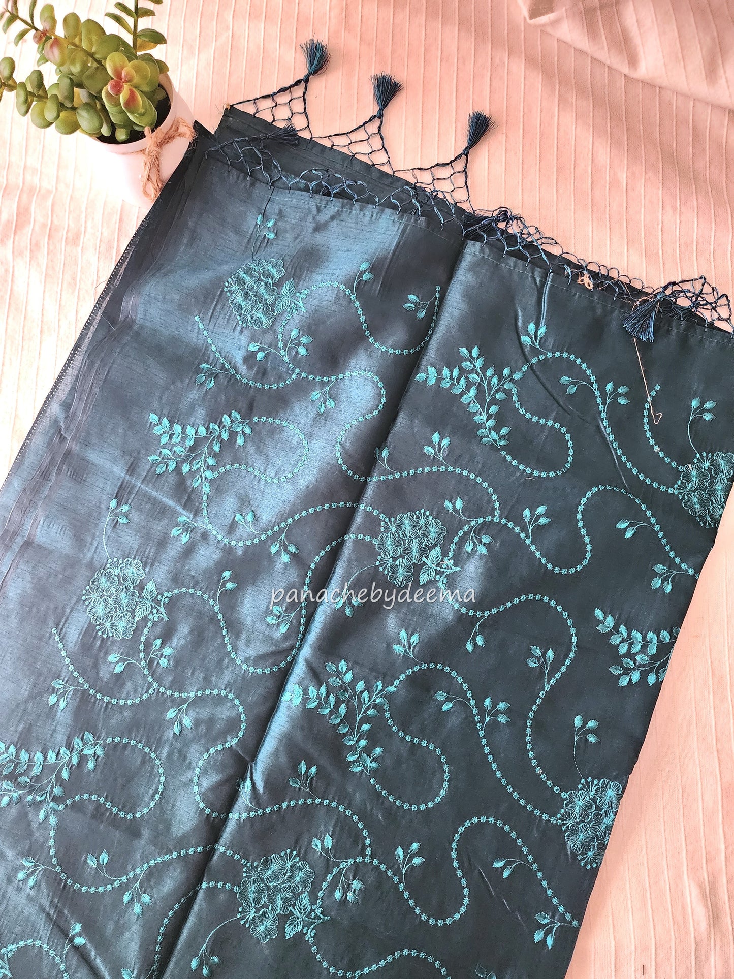 Art silk saree with embroidery | Peacock green | A4