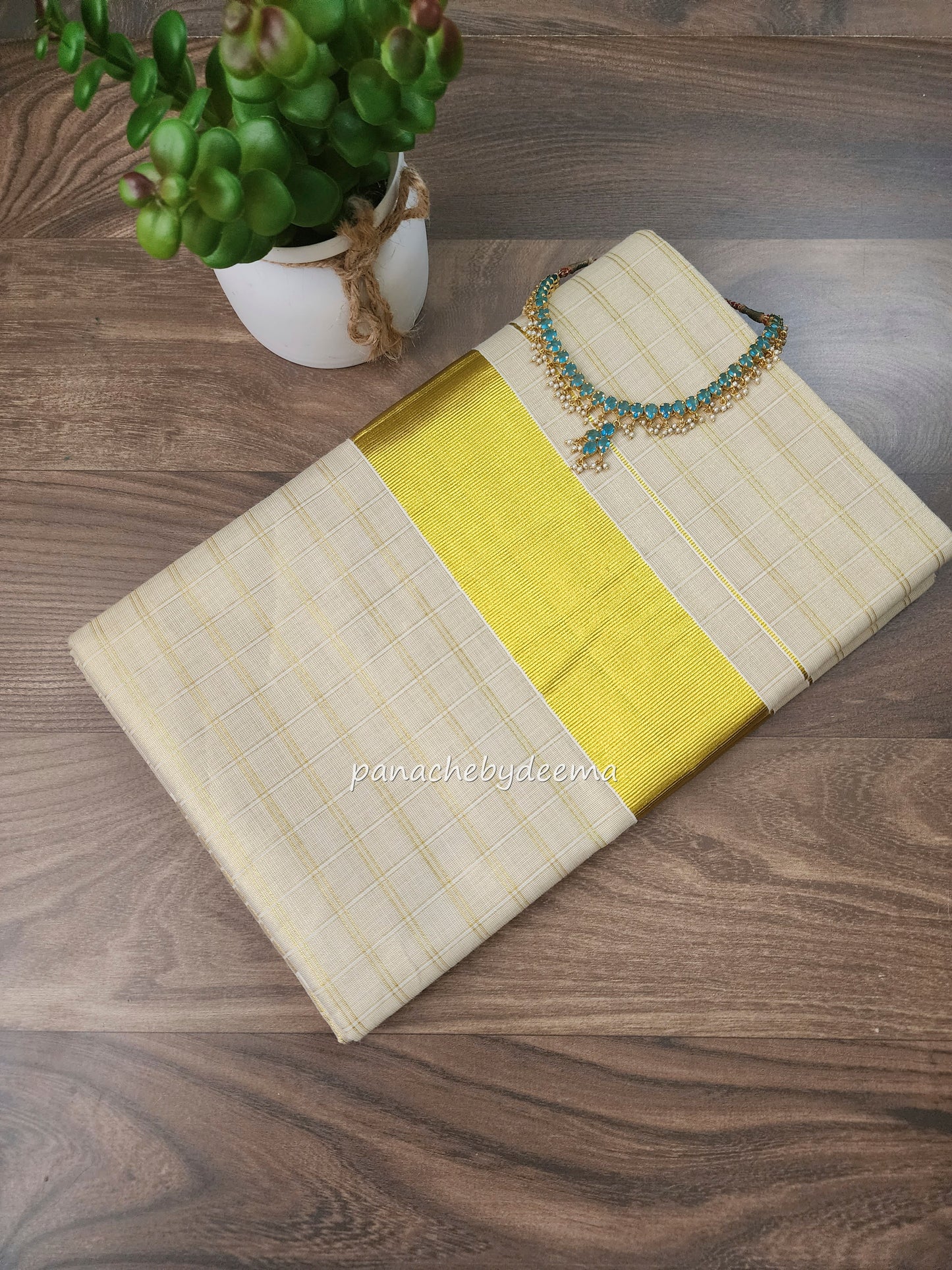 Golden Tissue Kerala saree check design saree | ON1