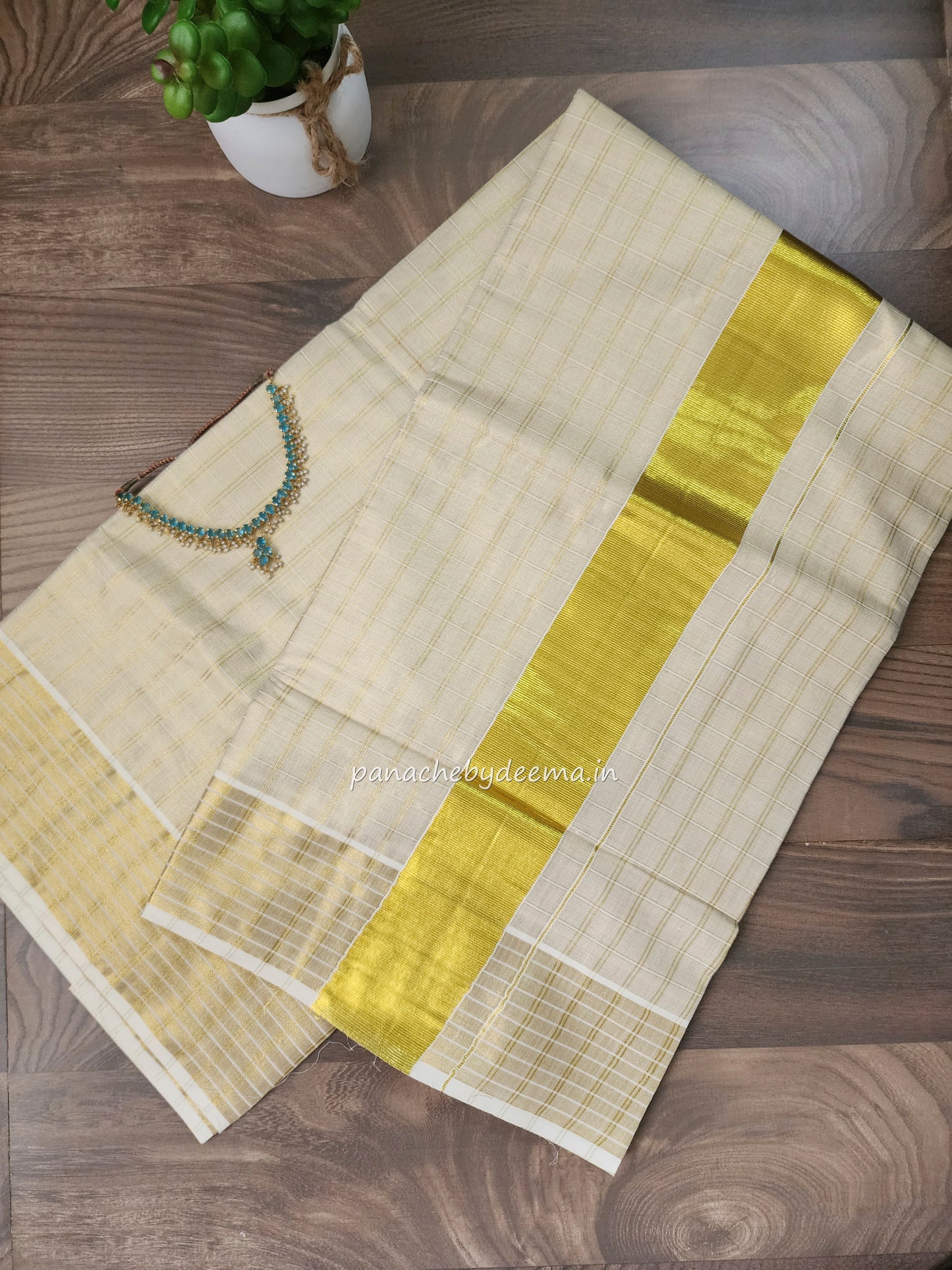 Golden Tissue Kerala saree check design saree | ON1