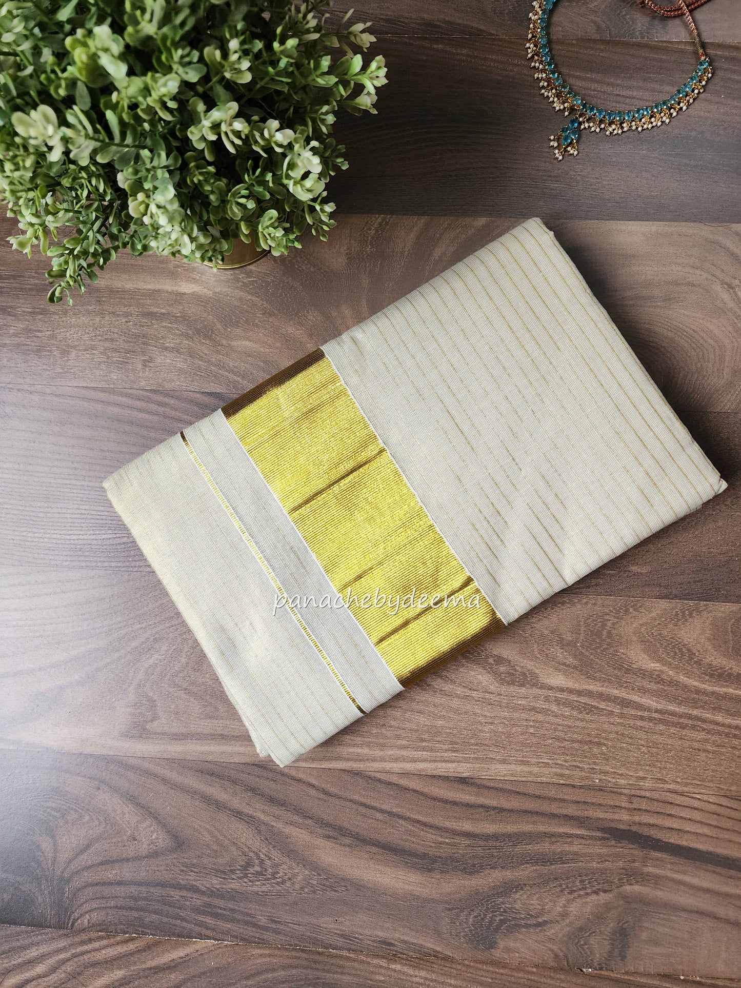 Golden Tissue Kerala with thin stripes saree | ON3
