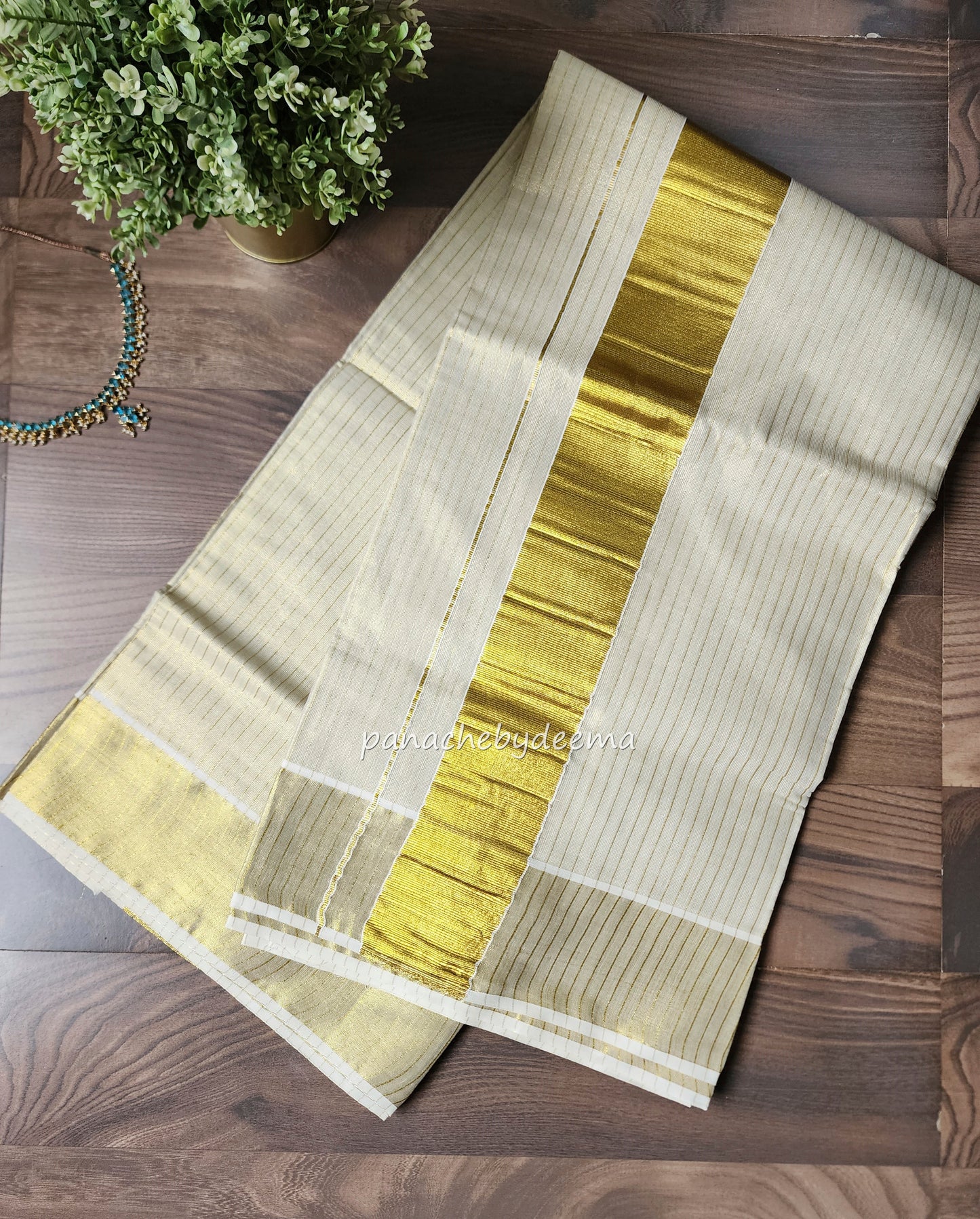 Golden Tissue Kerala with thin stripes saree | ON3
