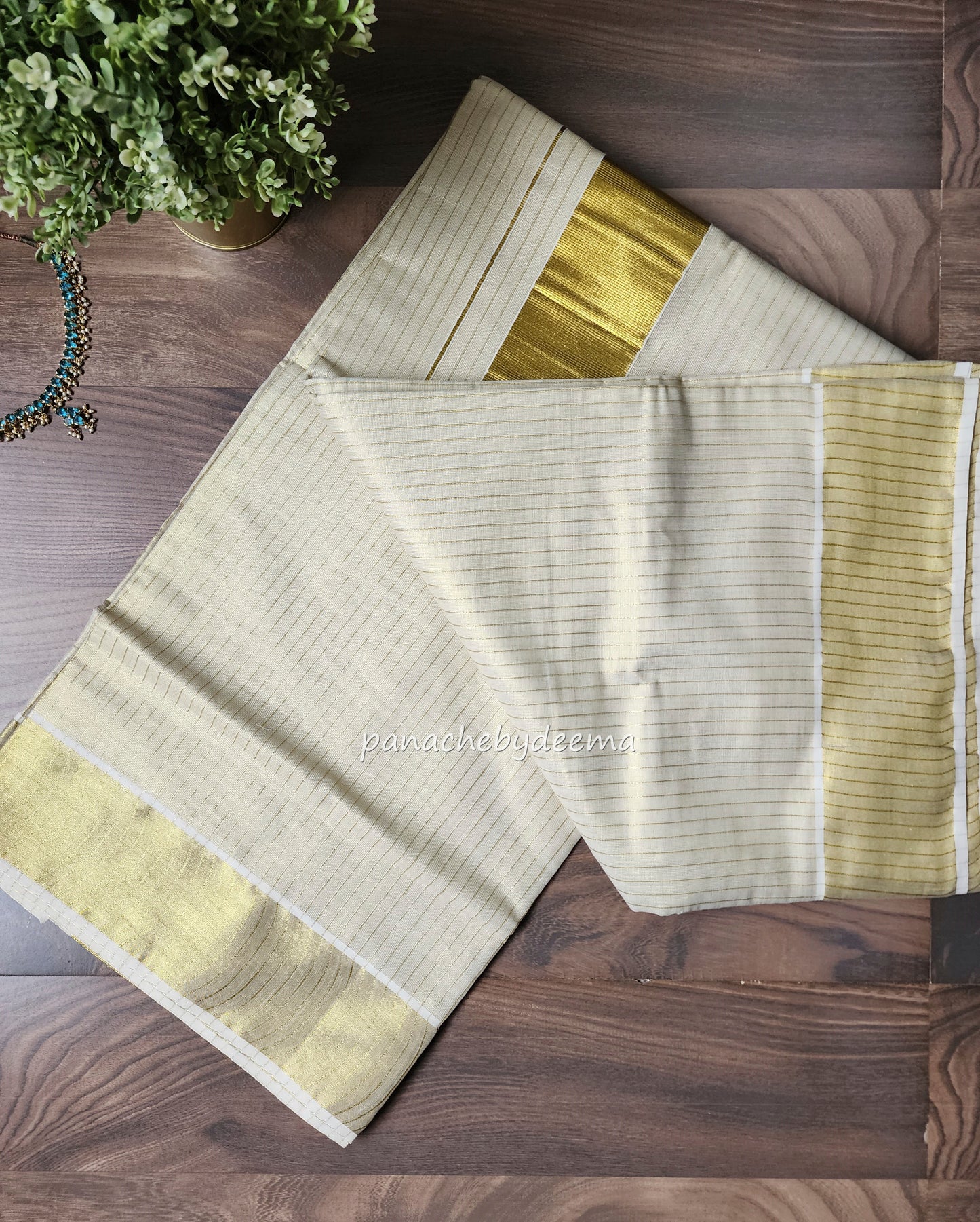 Golden Tissue Kerala with thin stripes saree | ON3