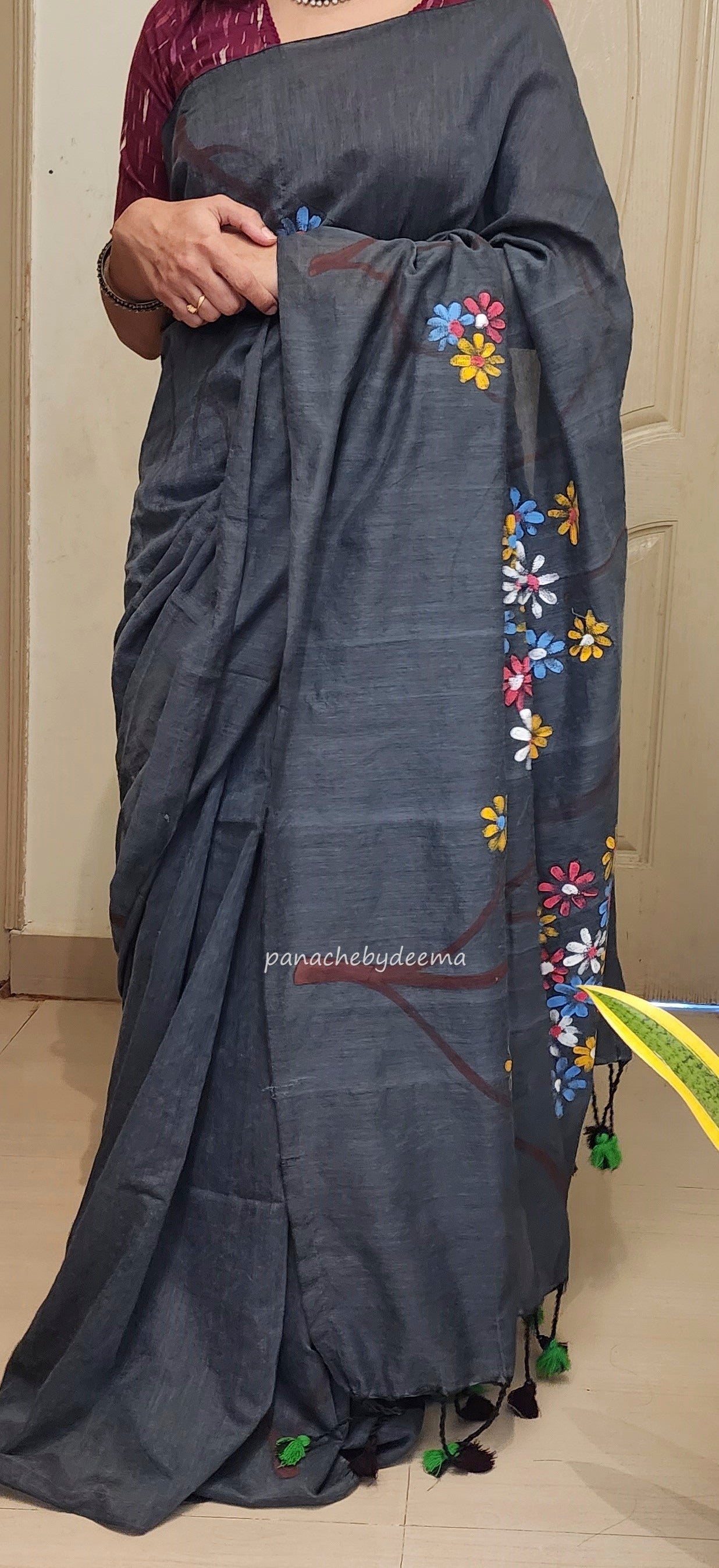 Mul cotton saree handpainted flowers | Dark Grey | K11