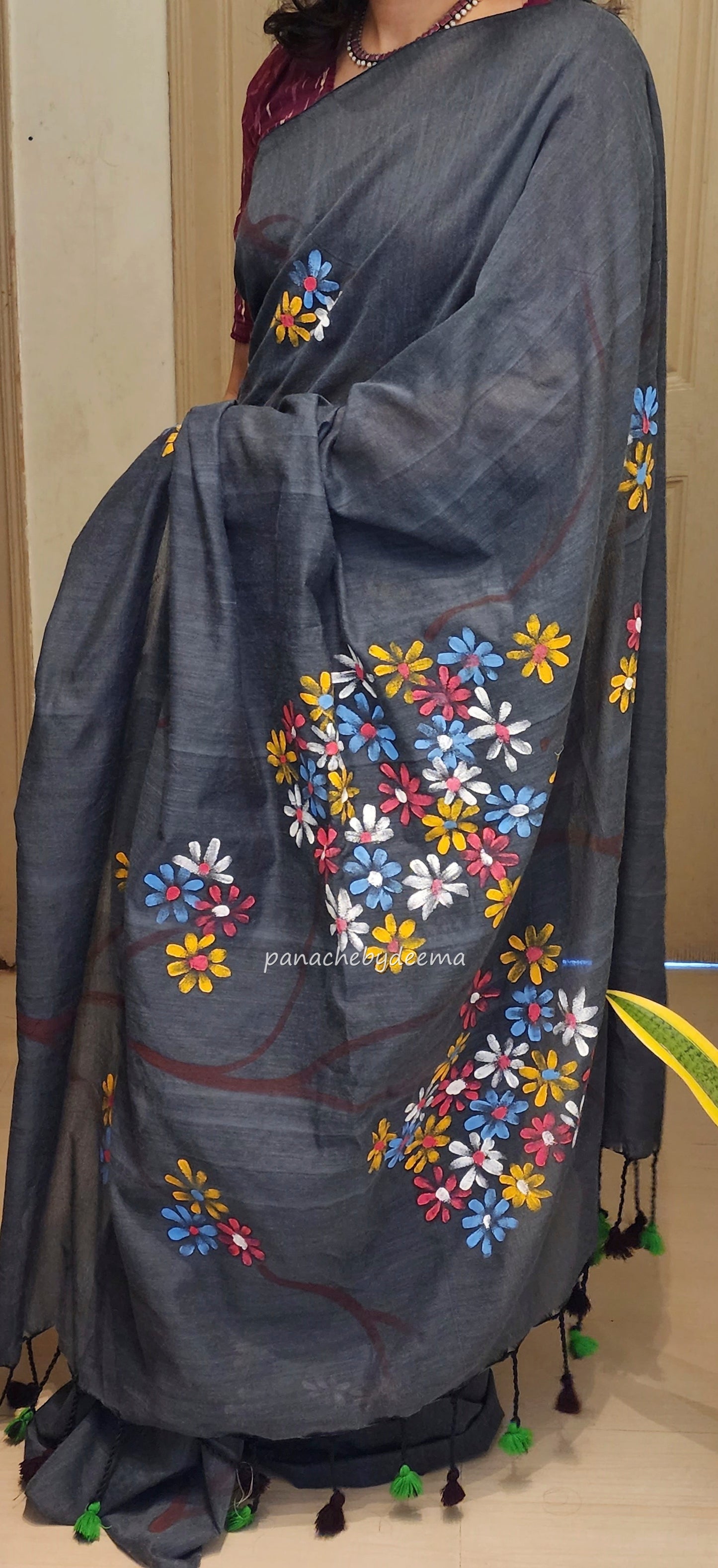 Mul cotton saree handpainted flowers | Dark Grey | K11
