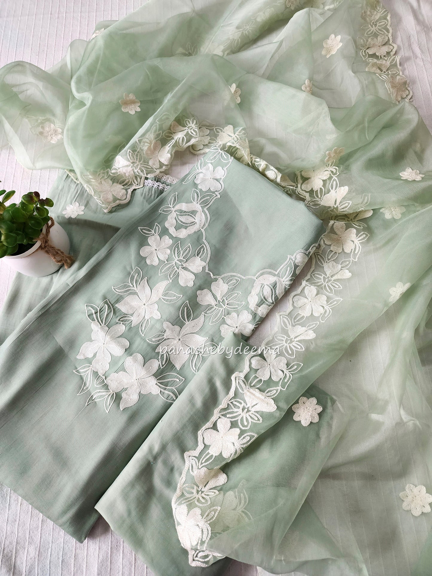 Pastel green unstitched salwar set with embroidery |Pastel green| PC2