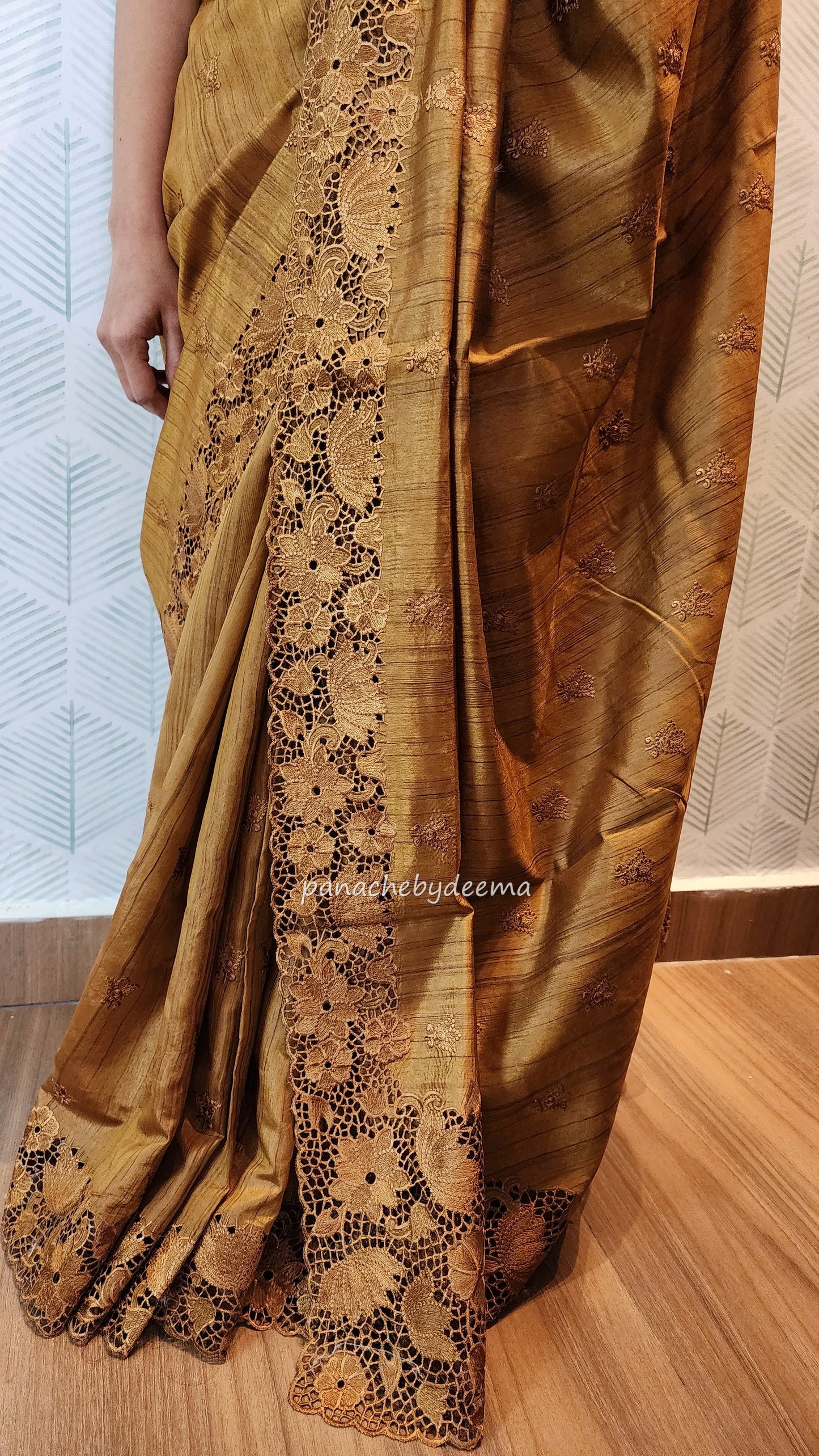 Beautiful semi tussar saree cut work border and embroidery| Mustard yellow | STC1