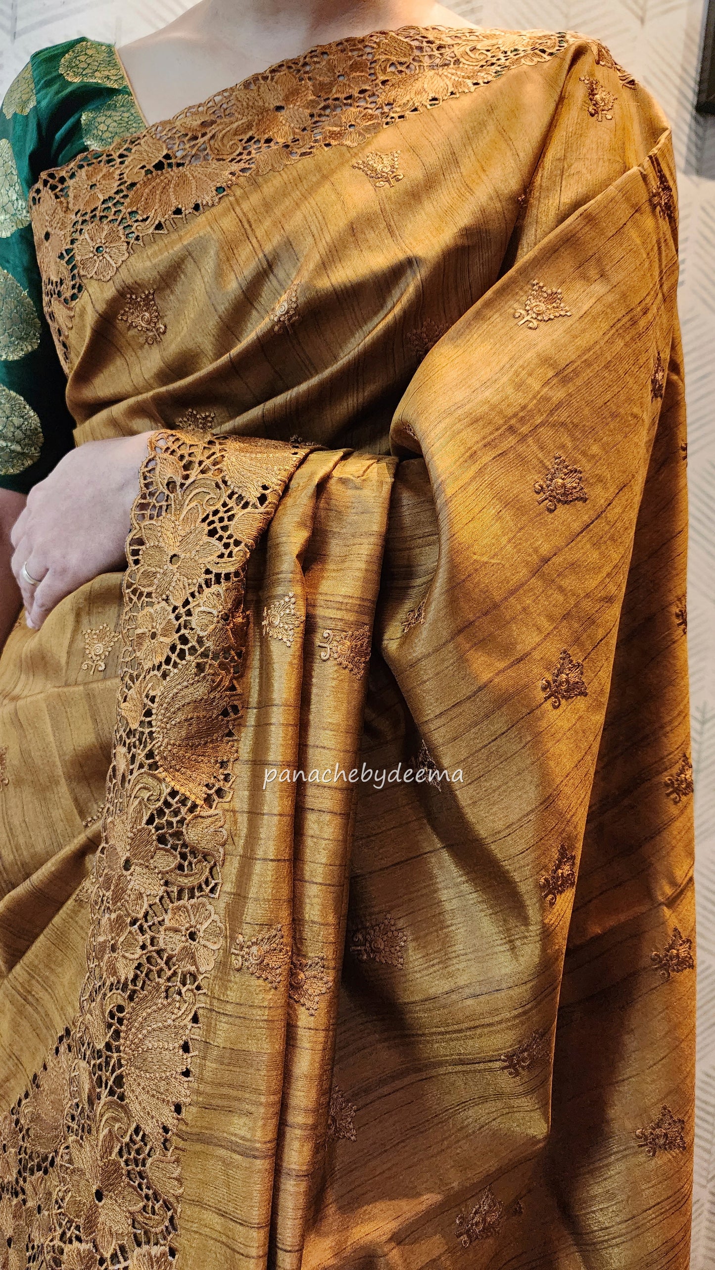 Beautiful semi tussar saree cut work border and embroidery| Mustard yellow | STC1