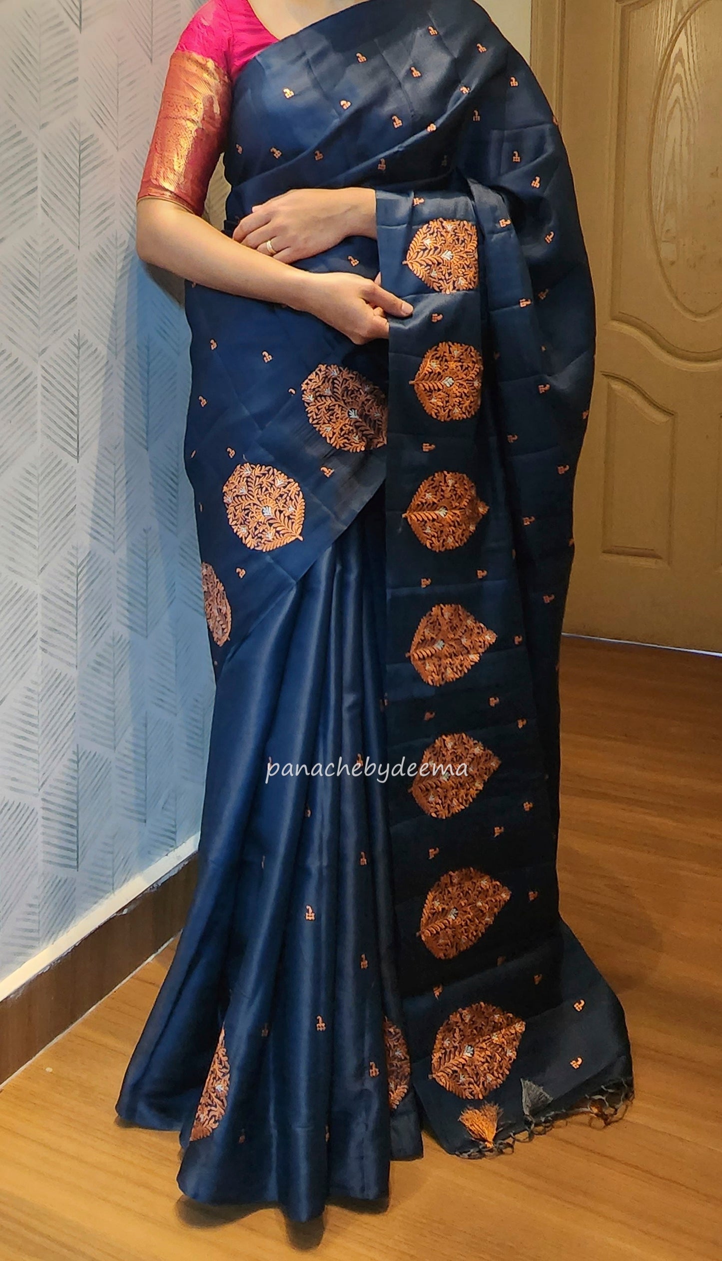 Beautiful Semi soft silk saree with copper zari embroidery | Teal blue | MS107