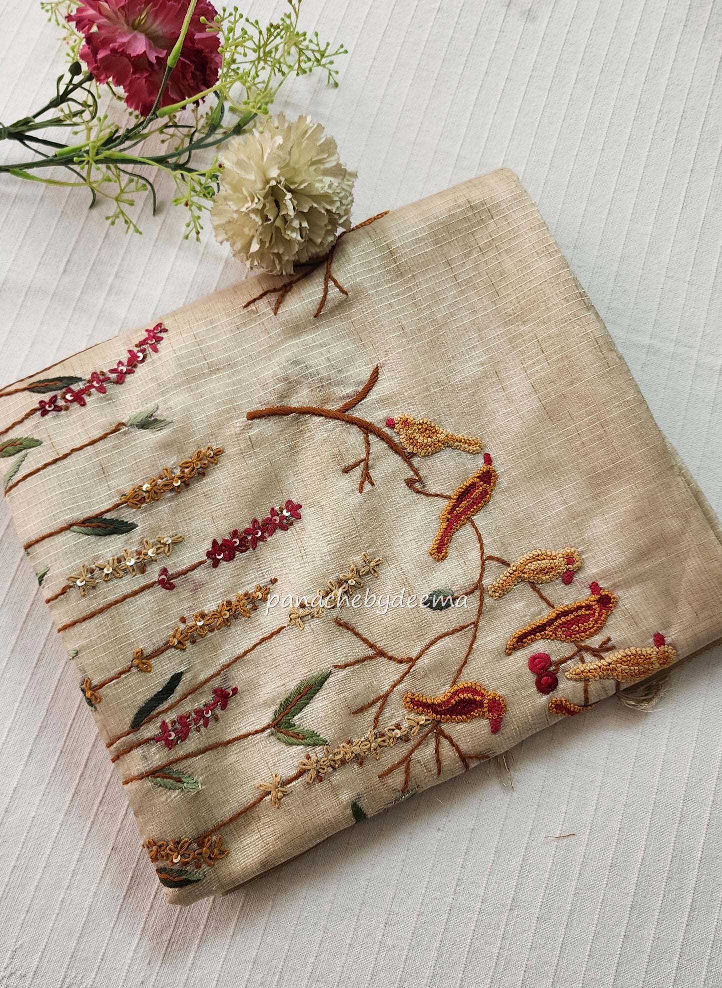 Linen tissue silk saree with hand embroidery | Light chikku colour | S1