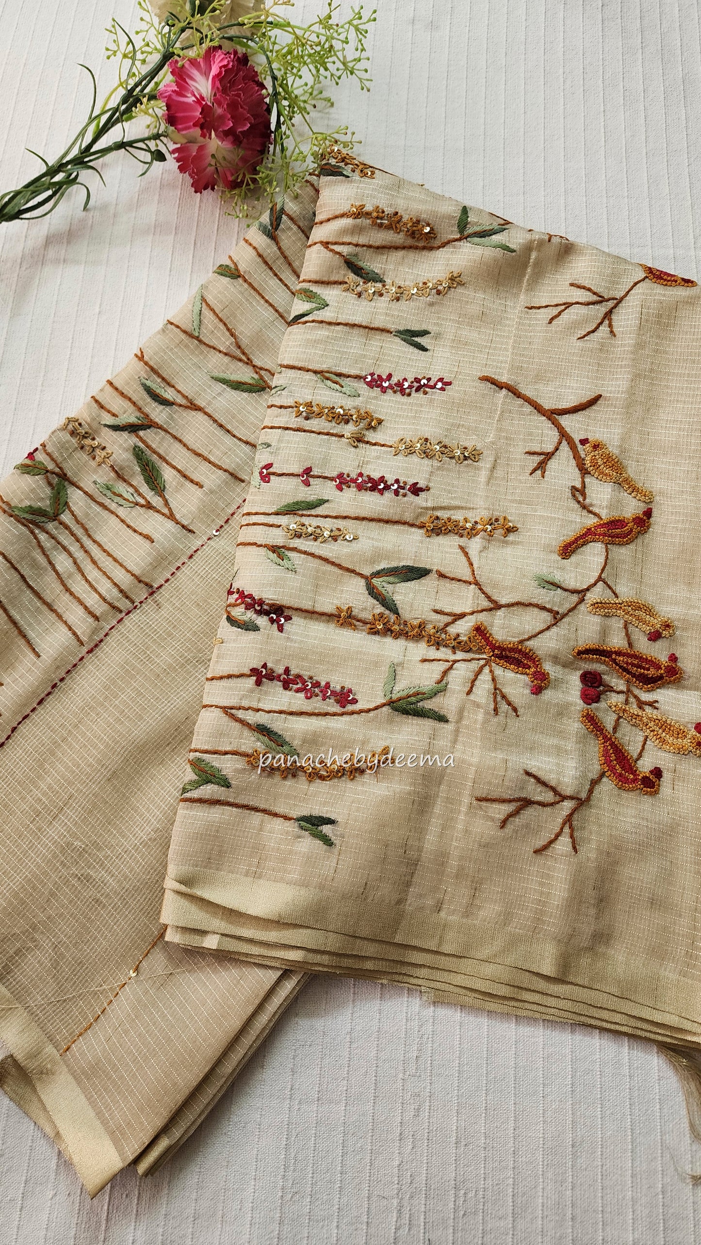 Linen tissue silk saree with hand embroidery | Light chikku colour | S1
