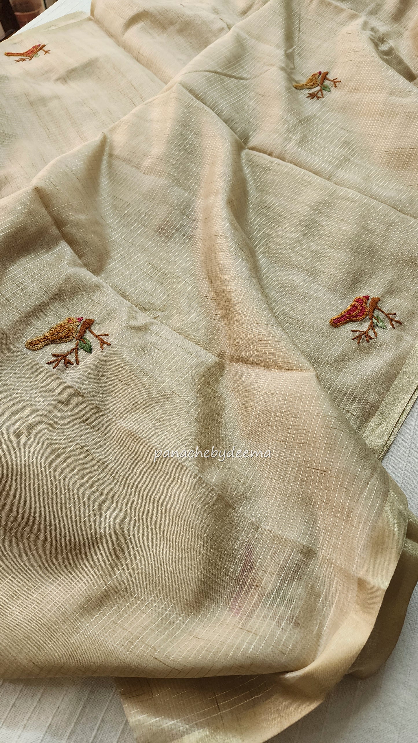 Linen tissue silk saree with hand embroidery | Light chikku colour | S1