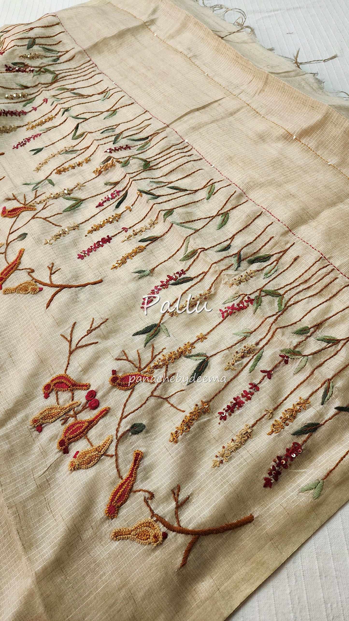 Linen tissue silk saree with hand embroidery | Light chikku colour | S1