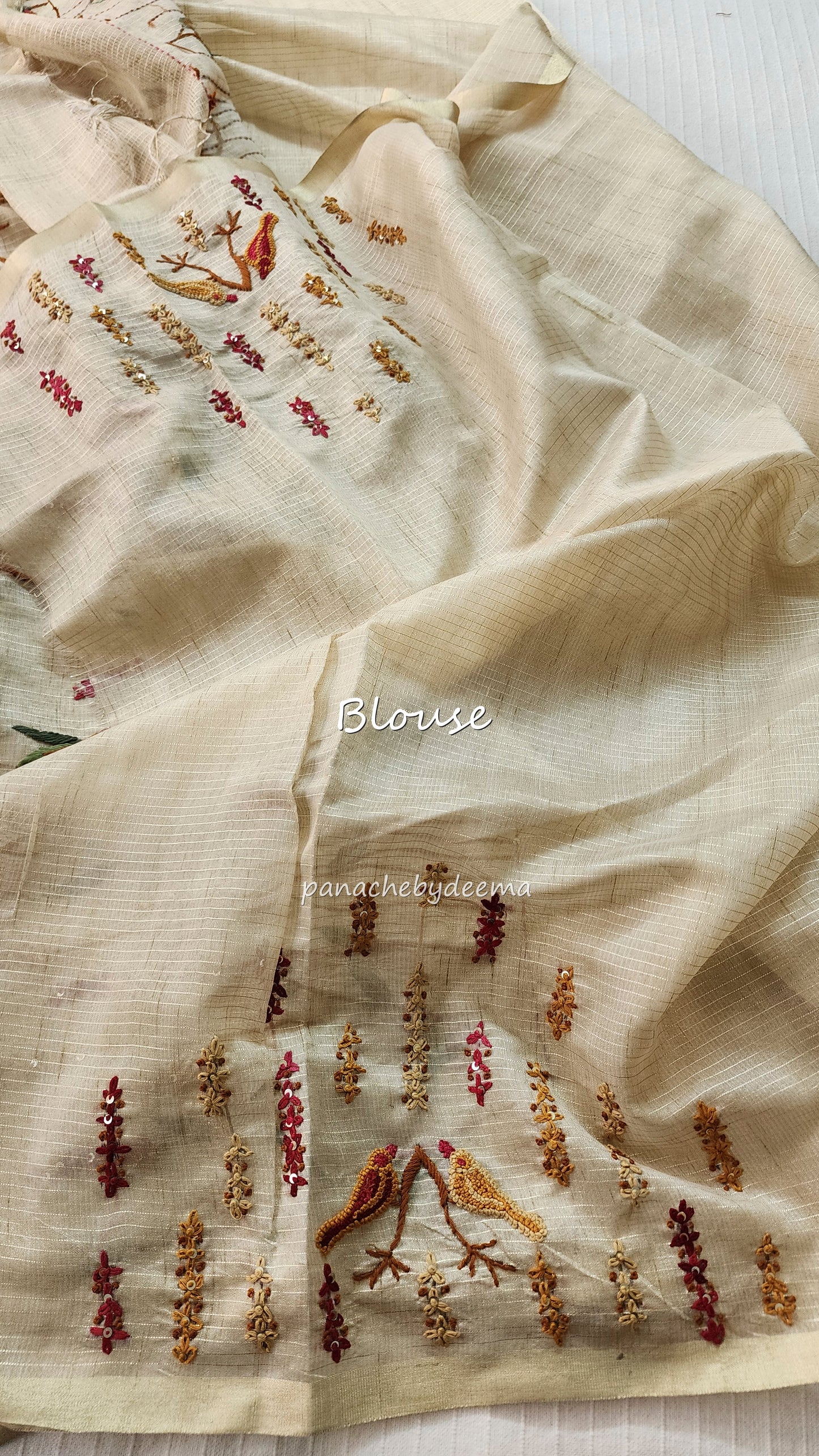 Linen tissue silk saree with hand embroidery | Light chikku colour | S1