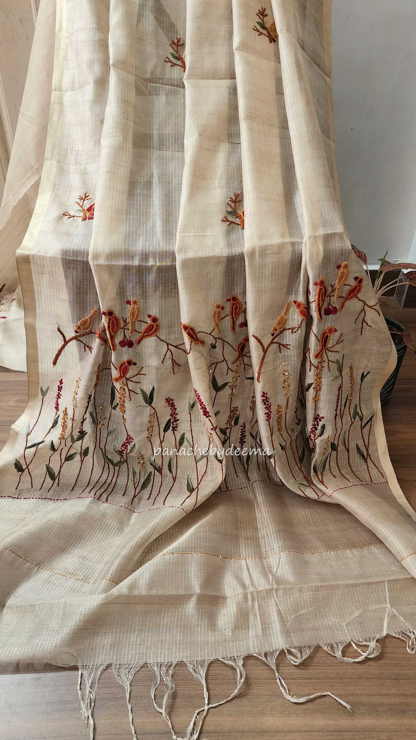 Linen tissue silk saree with hand embroidery | Light chikku colour | S1