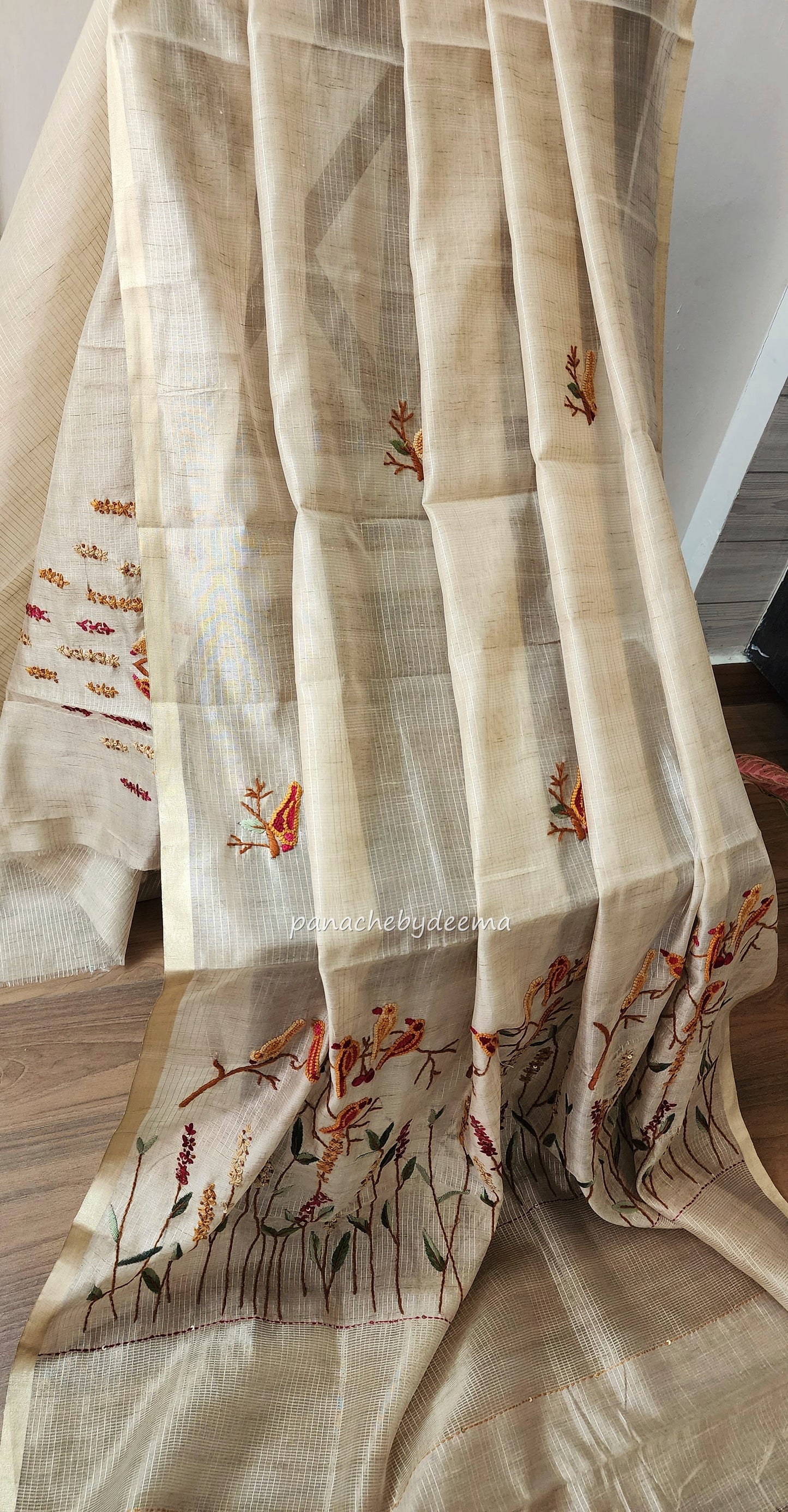 Linen tissue silk saree with hand embroidery | Light chikku colour | S1