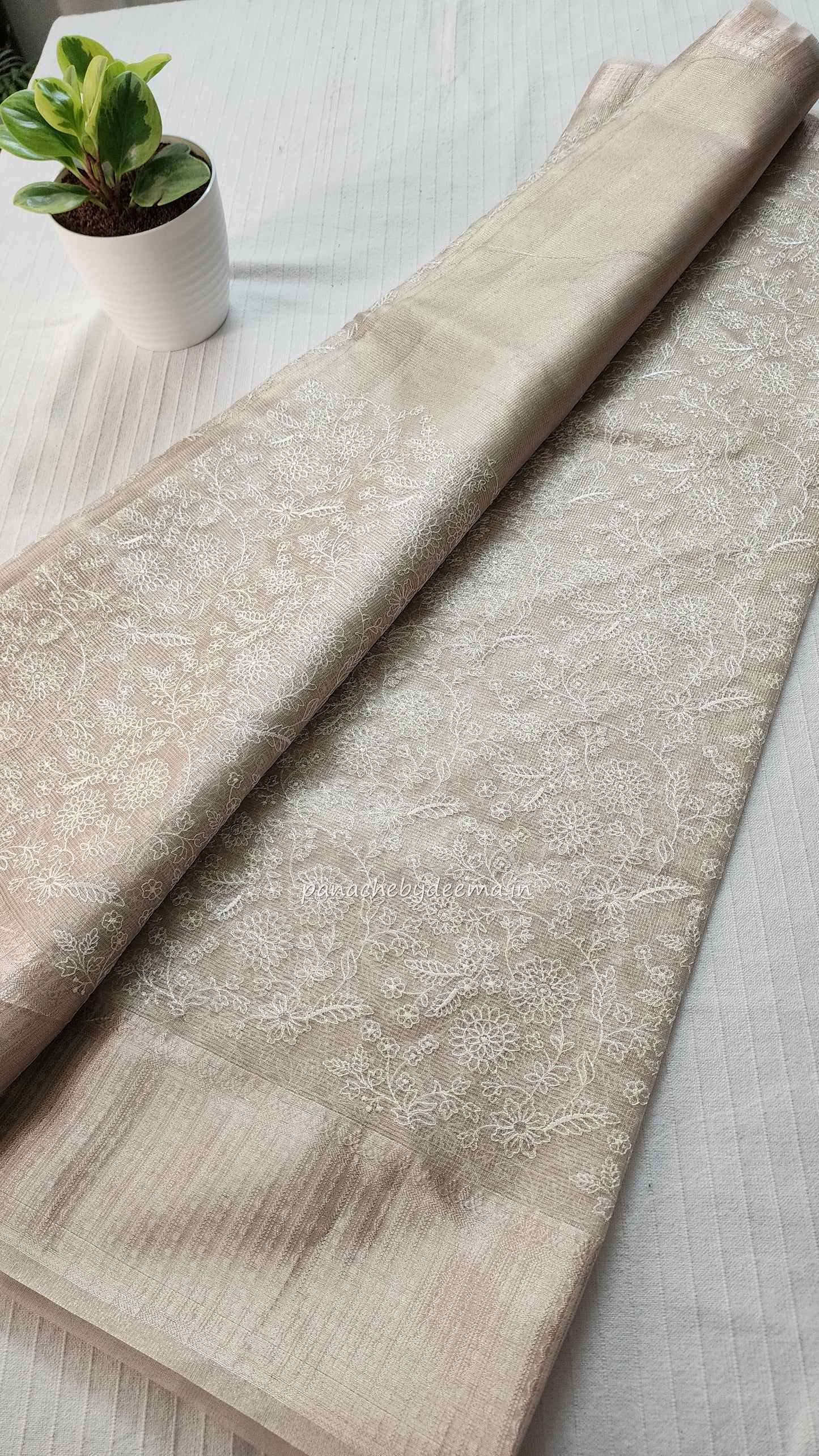 Light golden tissue silk saree with embroidery |Tis1