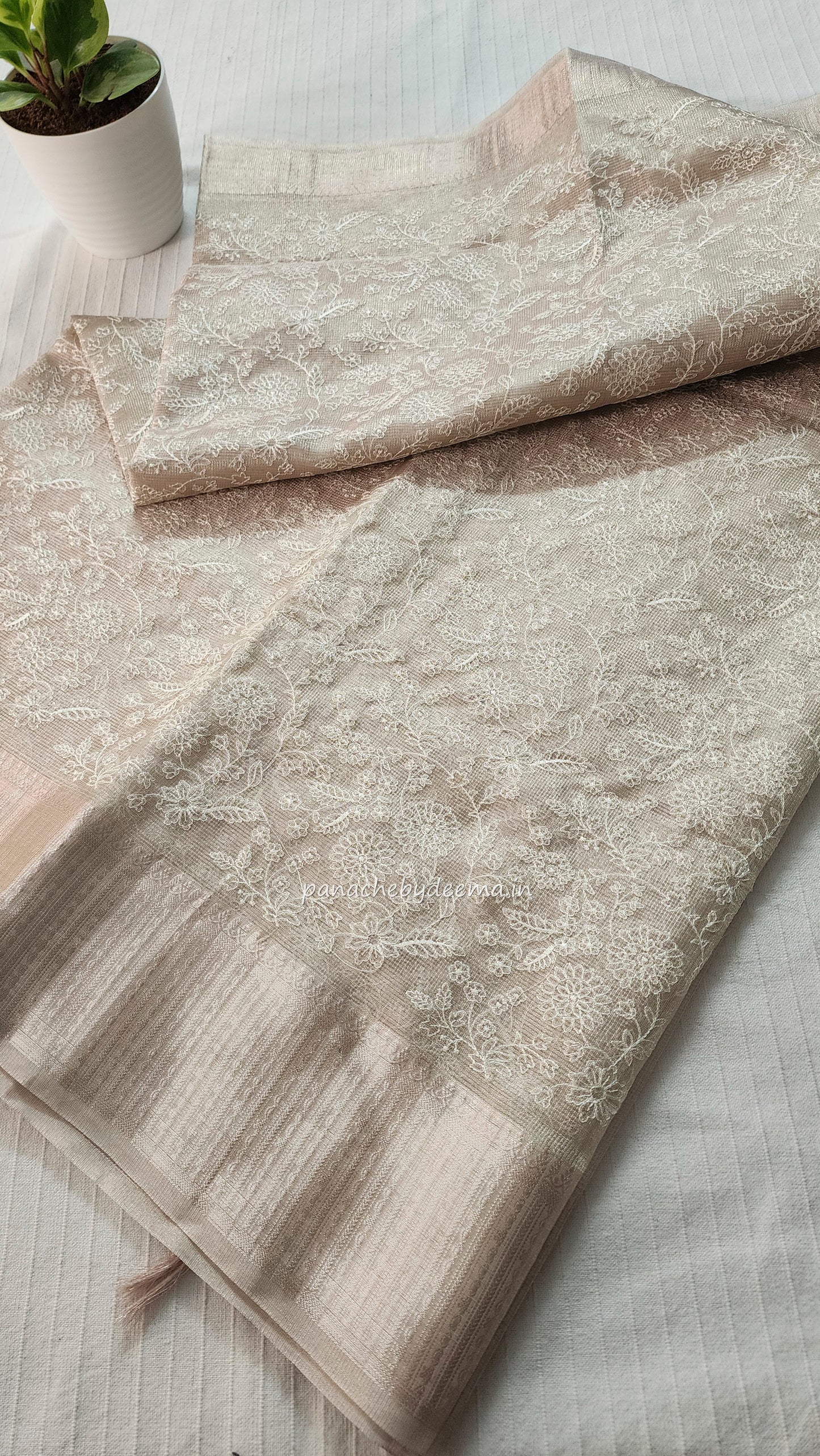 Light golden tissue silk saree with embroidery |Tis1