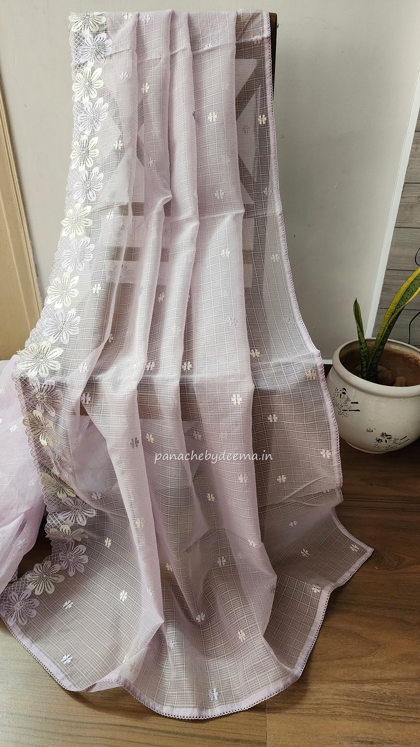 Kota saree with embroidery scalloped border and crochet lace edges| Light lavender |KT4