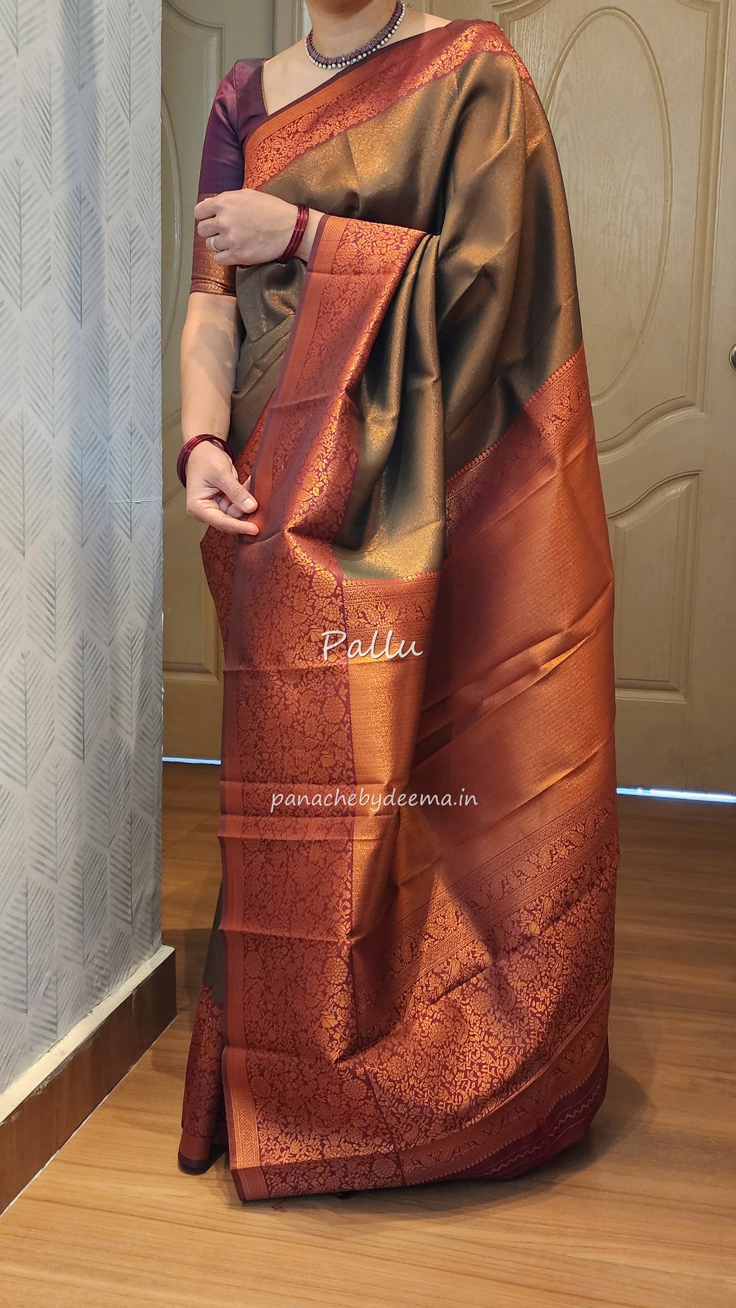 Copper zari woven semi kancheepuram silk saree with contrast border and blouse | Green with maroon border |SS125