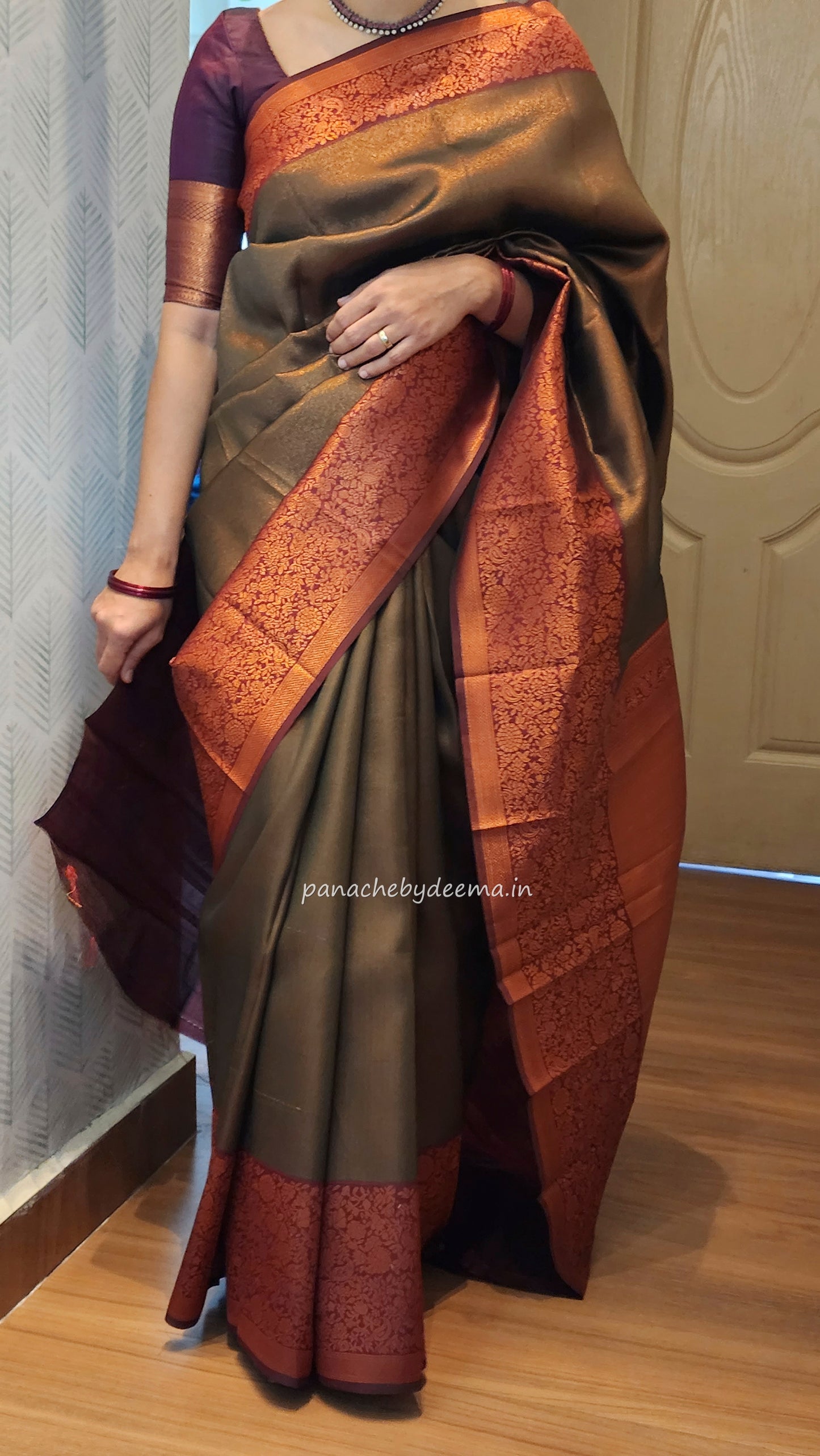 Copper zari woven semi kancheepuram silk saree with contrast border and blouse | Green with maroon border |SS125
