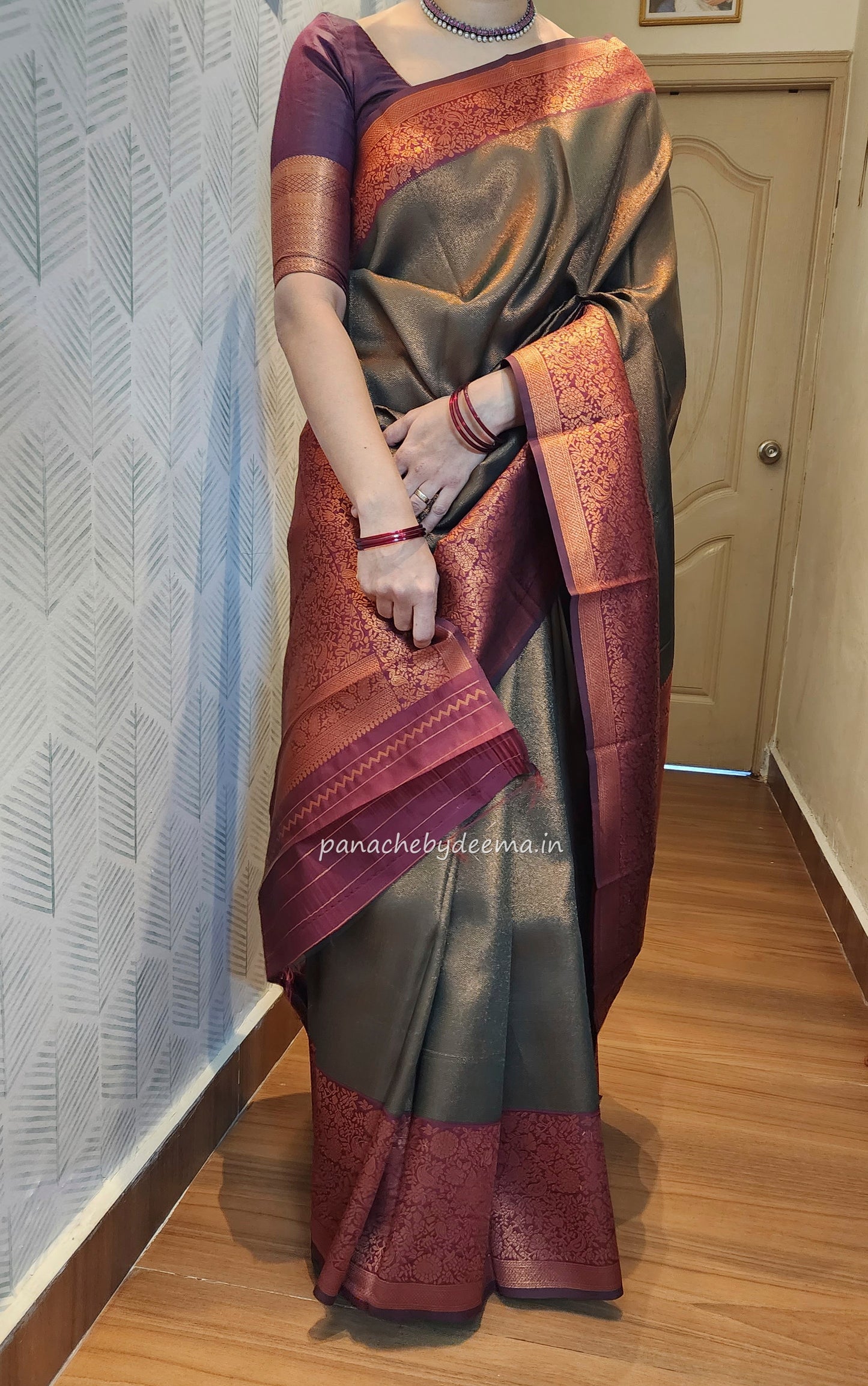 Copper zari woven semi kancheepuram silk saree with contrast border and blouse | Green with maroon border |SS125