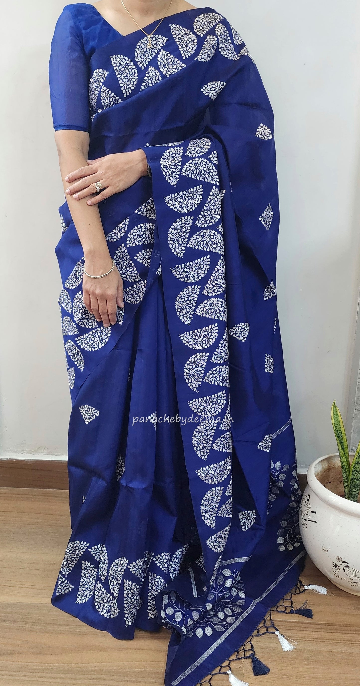 Matka silk designer saree with embroidery | Dark blue | SC4