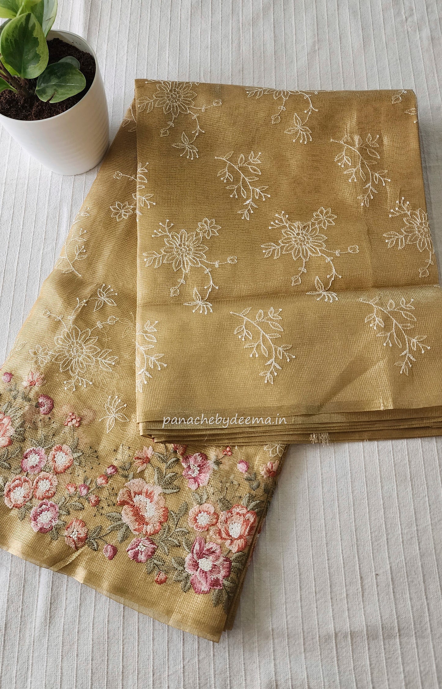 Tissue saree with embroidery | Golden yellow|Tis4