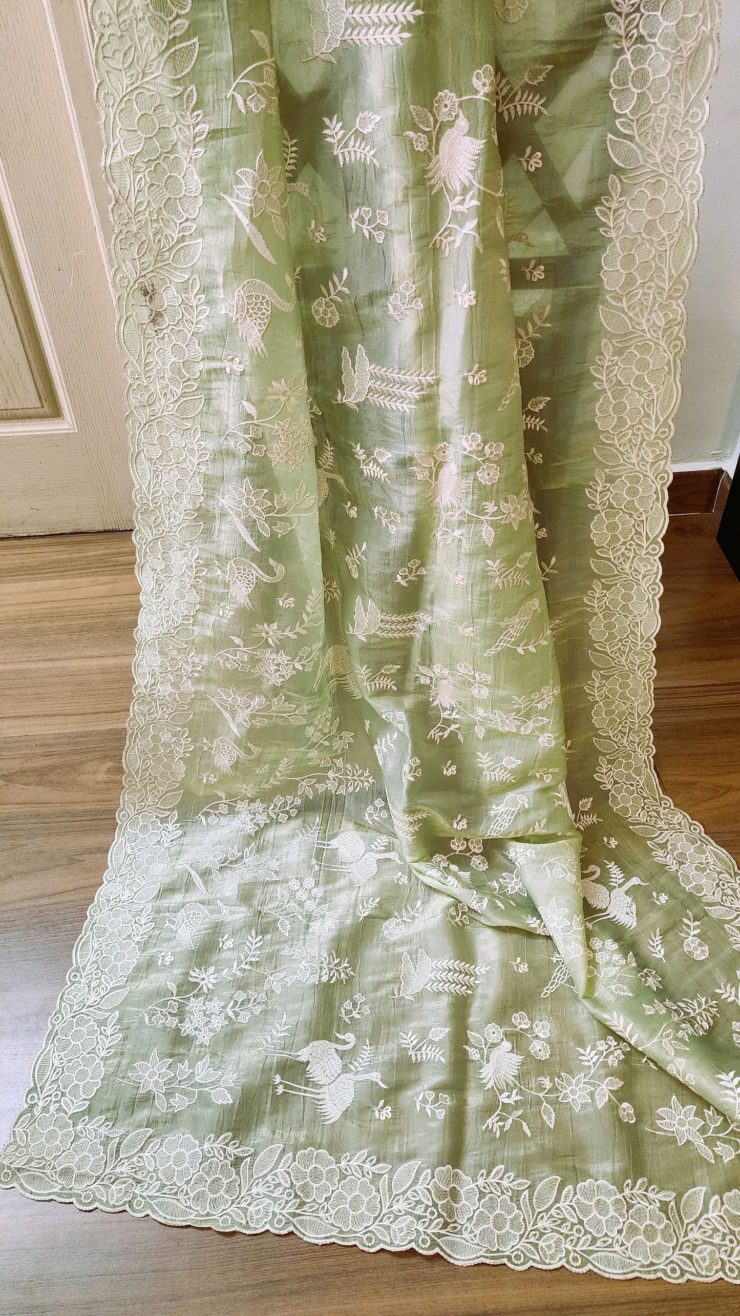 Crushed organza saree with embroidery and scalloped borders | Pastel green| CR1