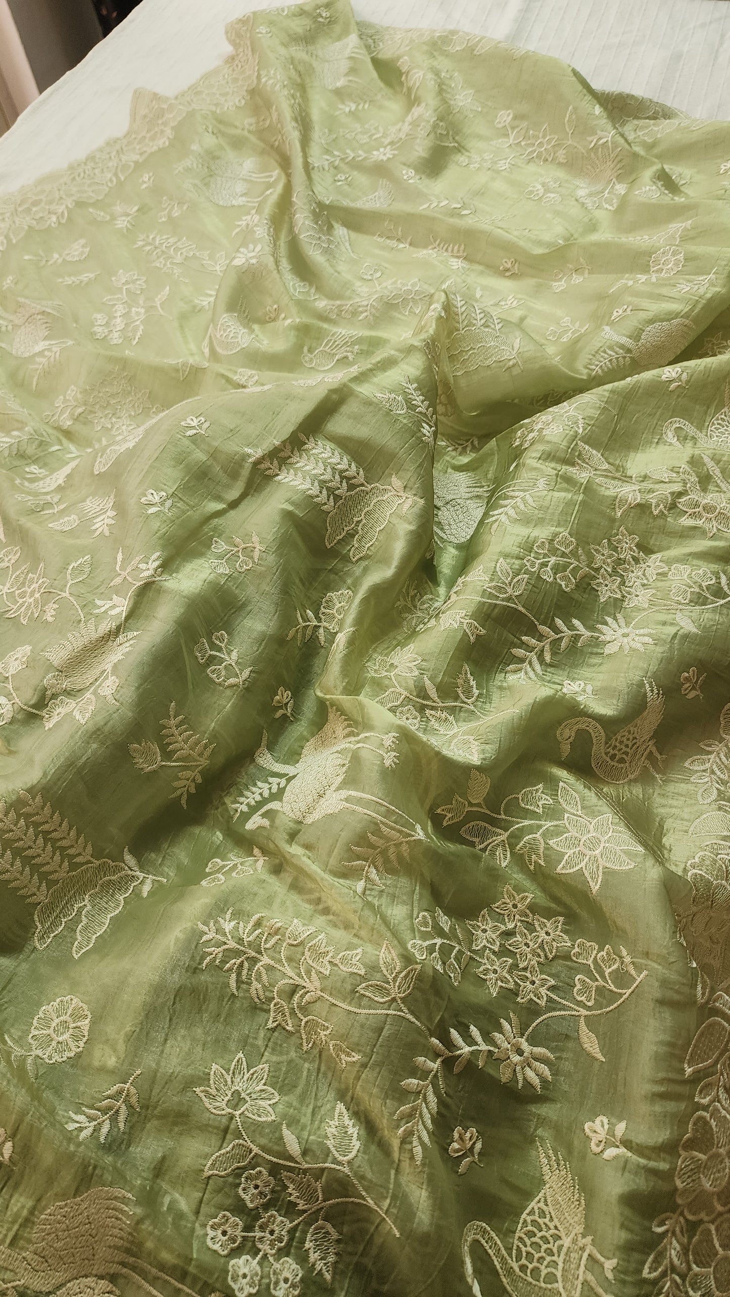 Crushed organza saree with embroidery and scalloped borders | Pastel green| CR1
