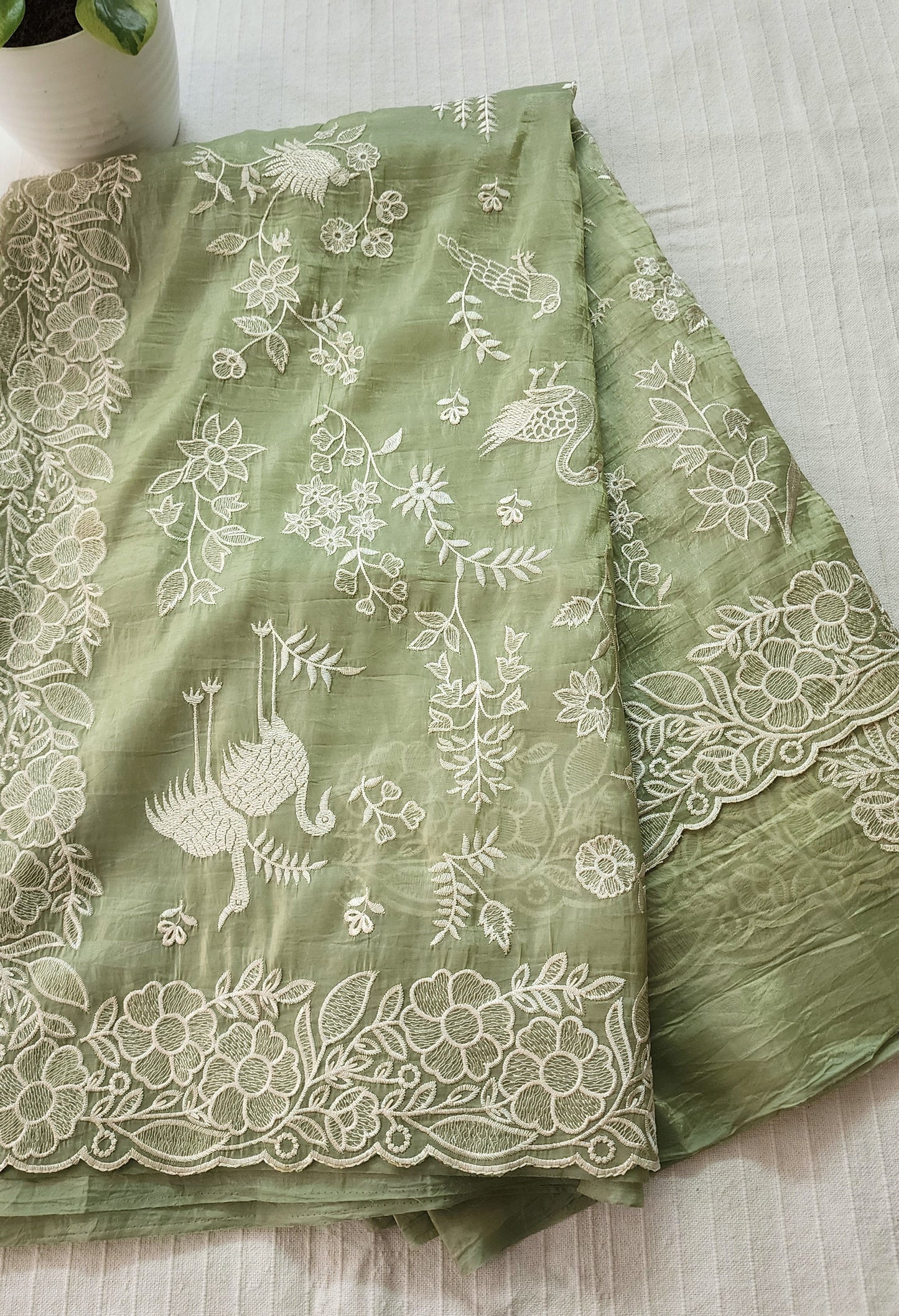 Crushed organza saree with embroidery and scalloped borders | Pastel green| CR1