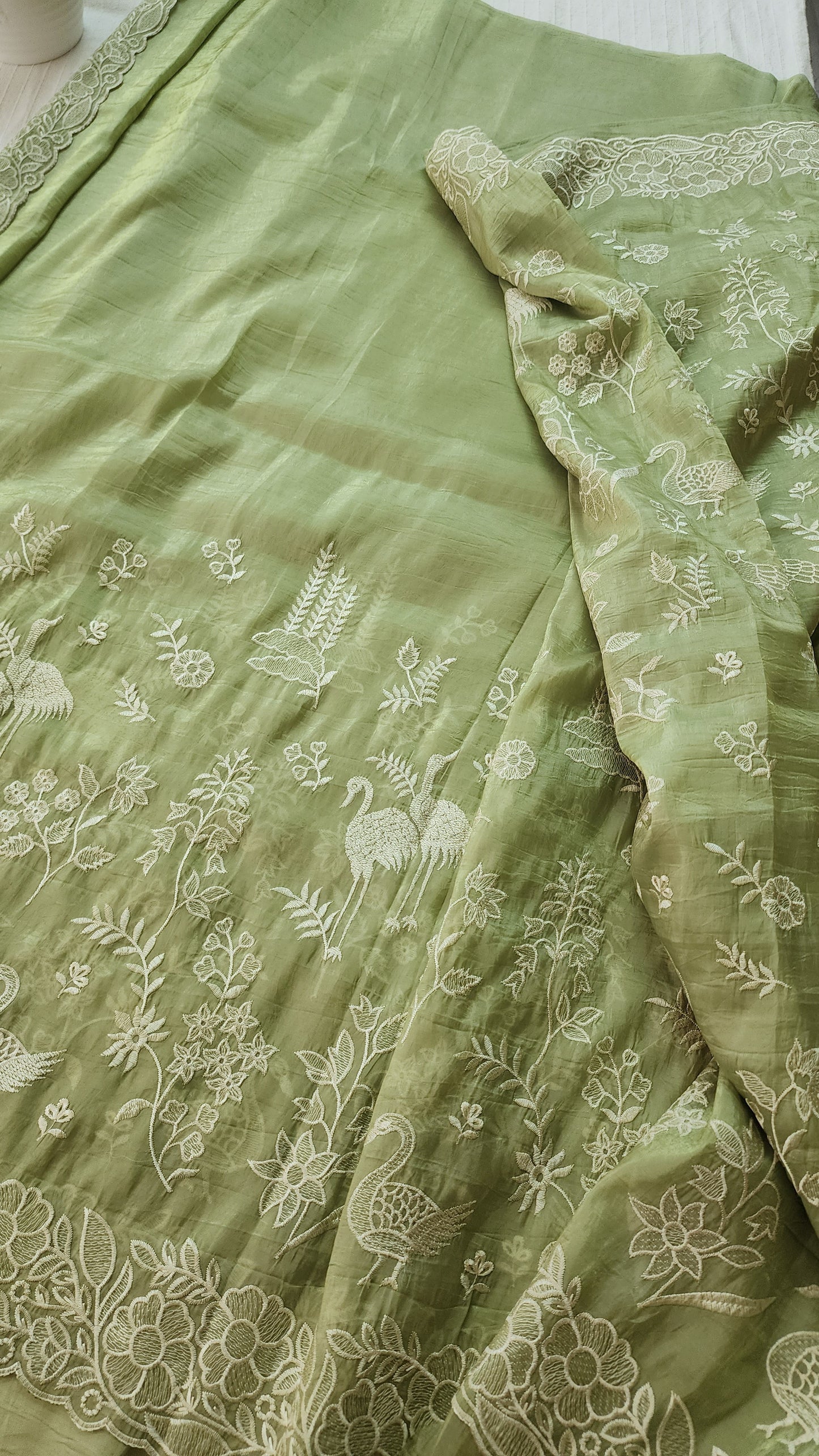 Crushed organza saree with embroidery and scalloped borders | Pastel green| CR1
