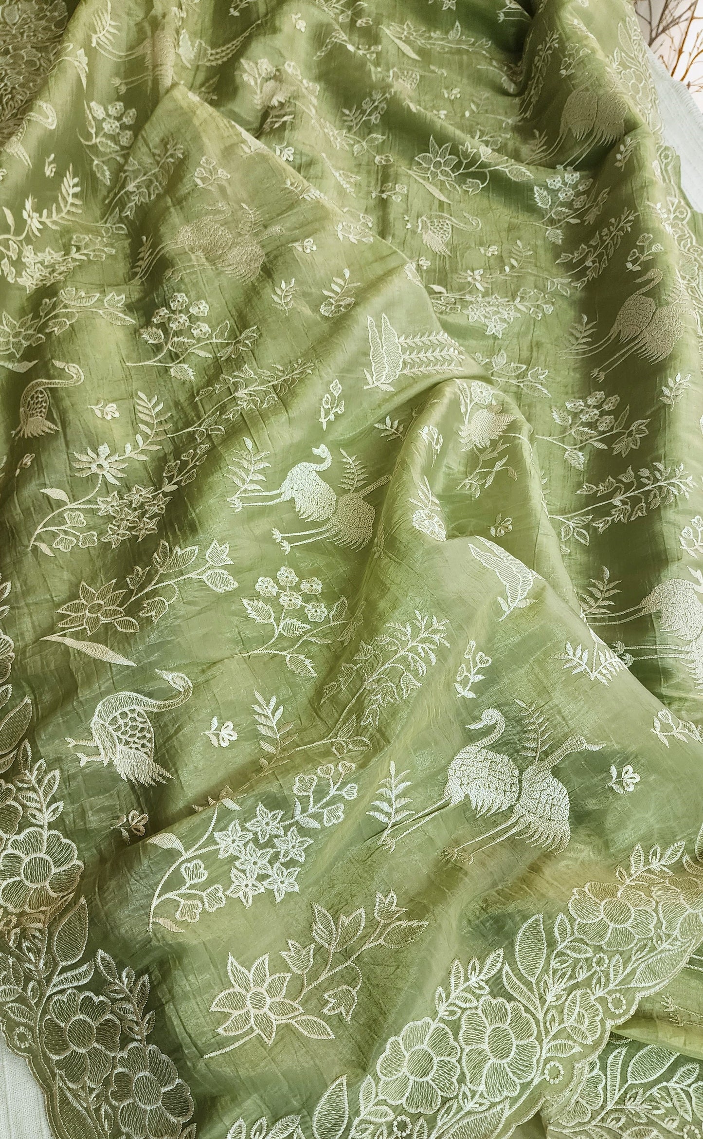 Crushed organza saree with embroidery and scalloped borders | Pastel green| CR1