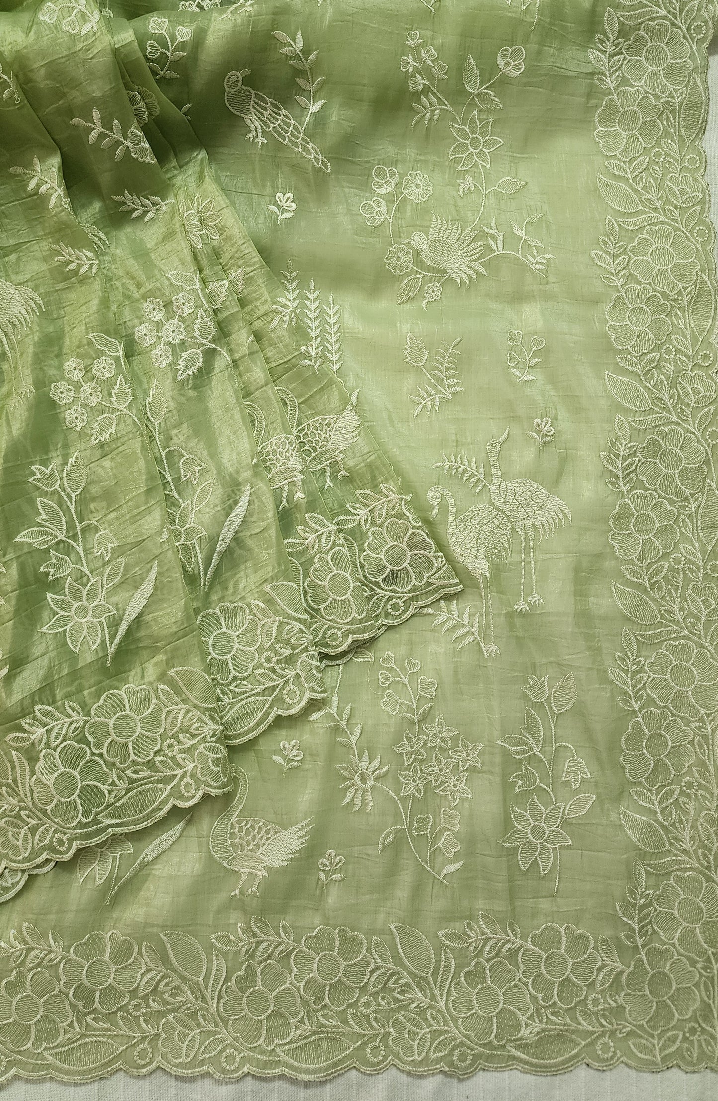 Crushed organza saree with embroidery and scalloped borders | Pastel green| CR1