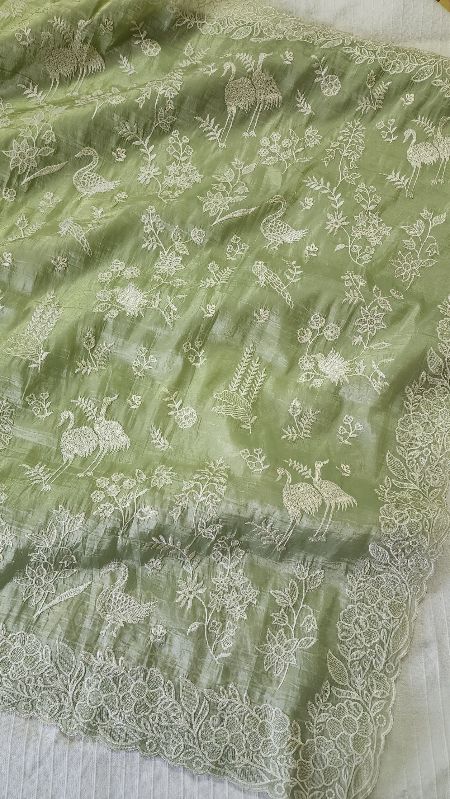 Crushed organza saree with embroidery and scalloped borders | Pastel green| CR1