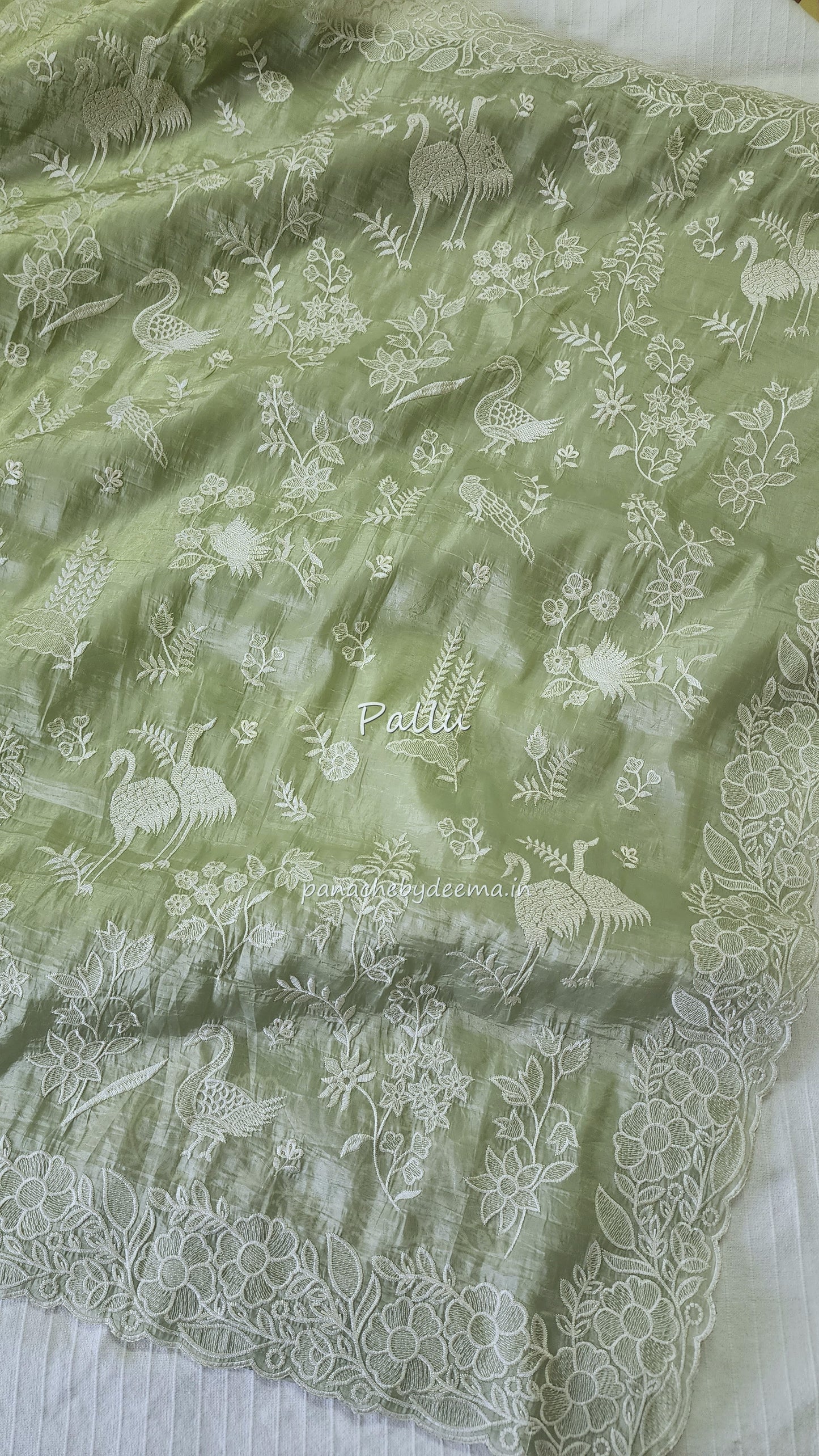 Crushed organza saree with embroidery and scalloped borders | Pastel green| CR1