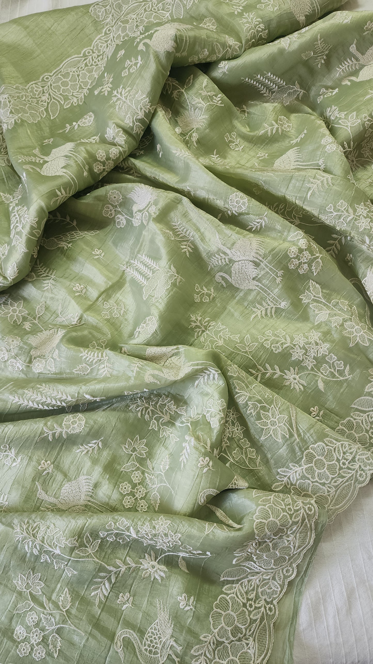 Crushed organza saree with embroidery and scalloped borders | Pastel green| CR1